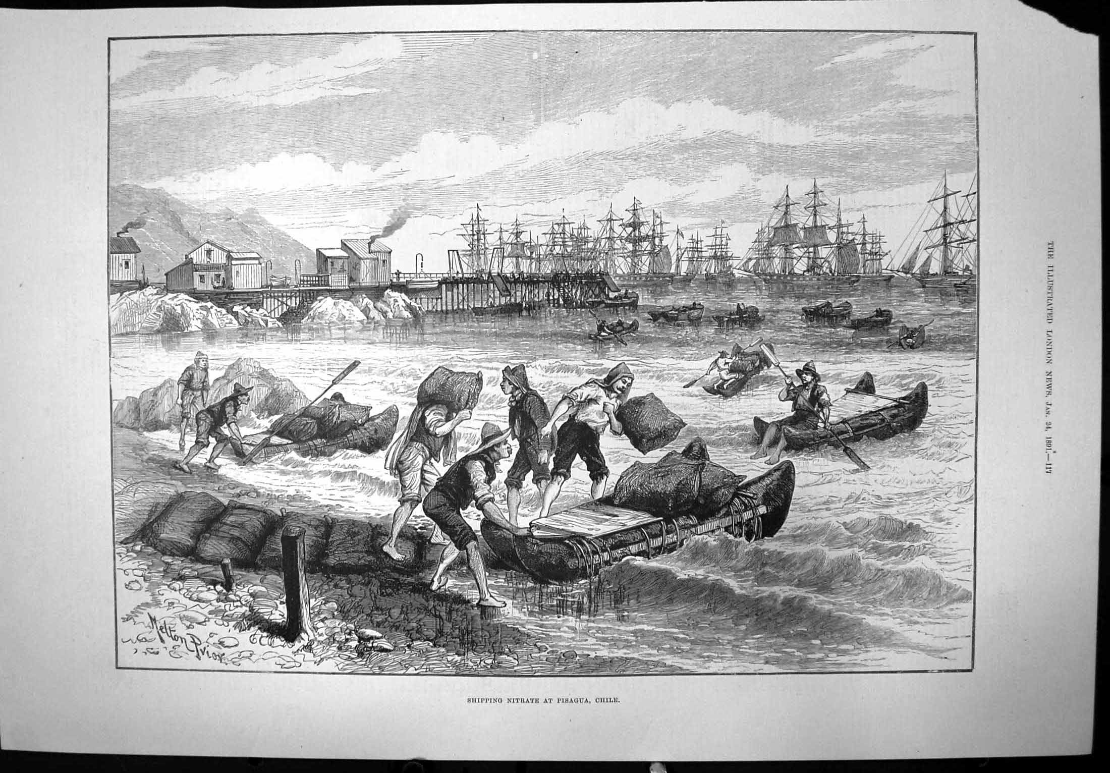 Antique Old Print Shipping Nitrate Pisagua Chile Pier Ships Small Rafts 1891