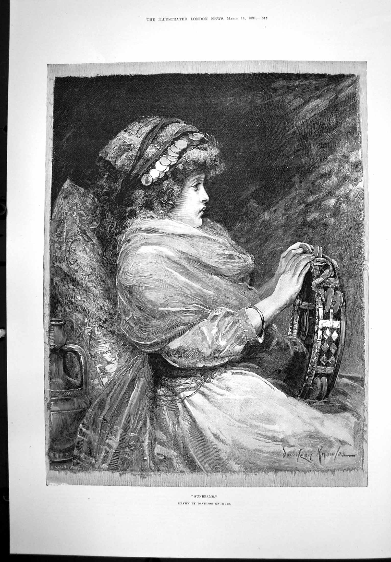 Original Old Antique Print Sunbeams Davidson Knowles Girl Hing Trambone 1891