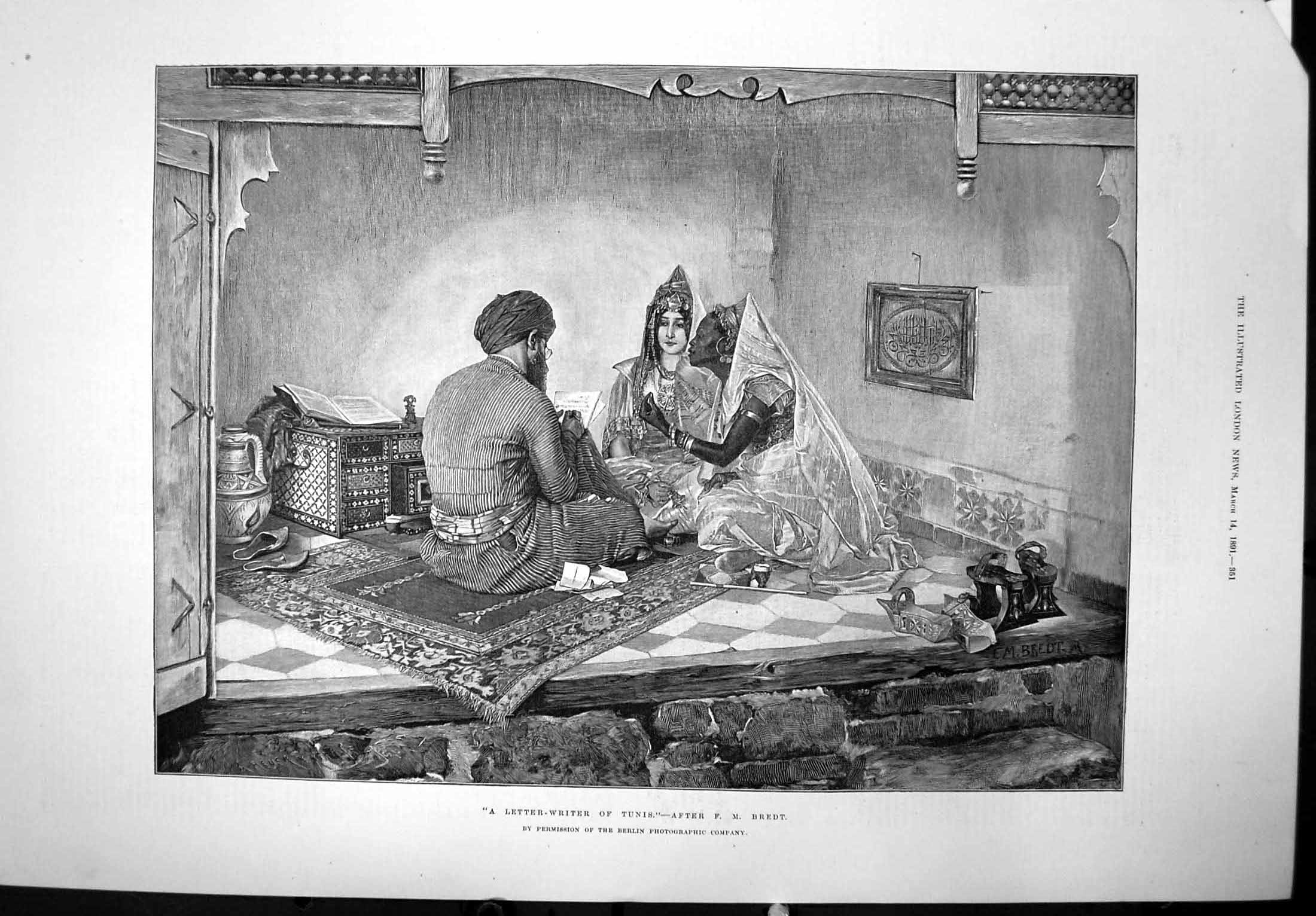 Antique Print Letter Writer Tunis After Fm Bredt Man Turban Two Women 1891 19th