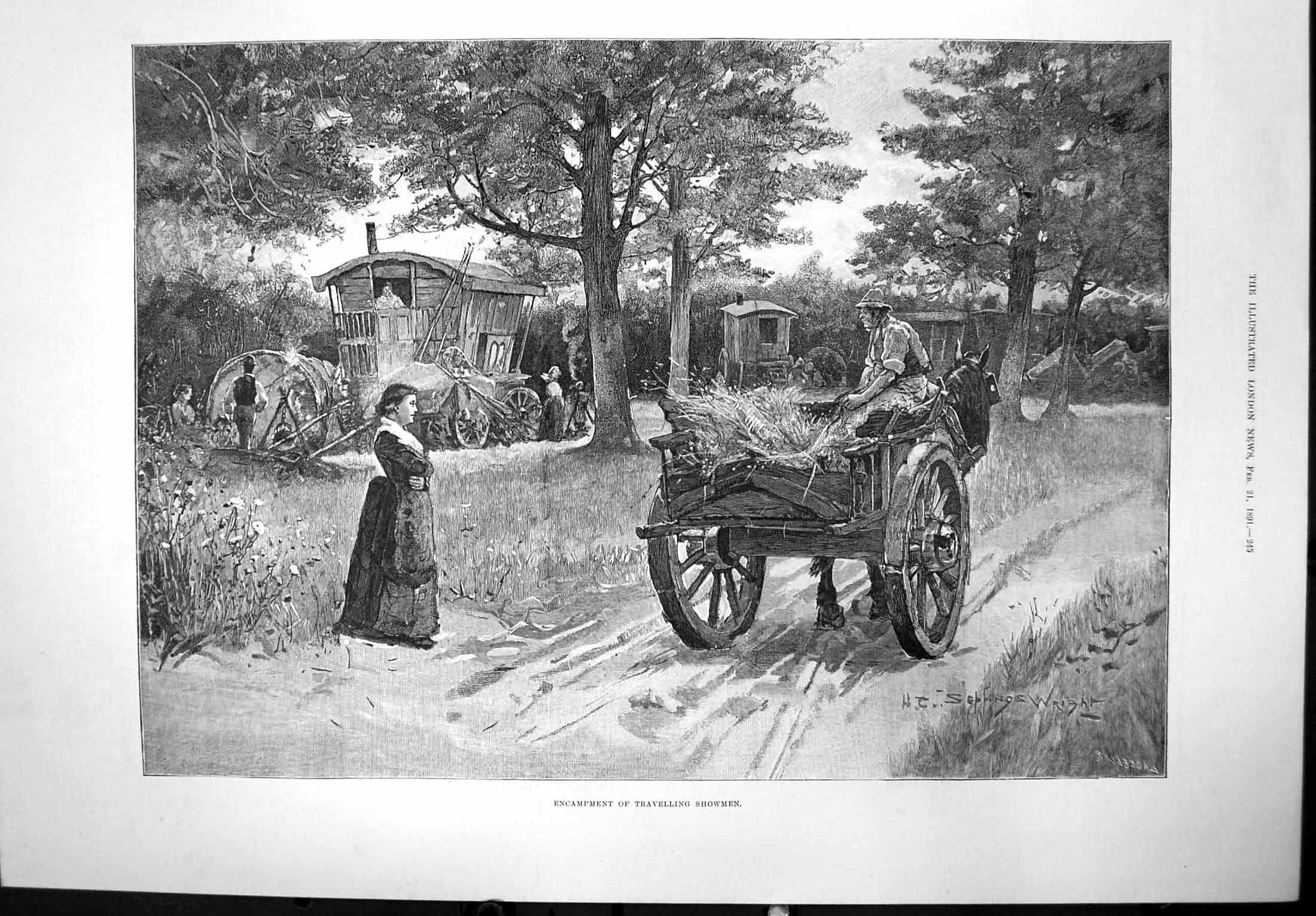 Old Antique Print Encampment Travelling Showmen Caravan Horse Cart 1891 19th