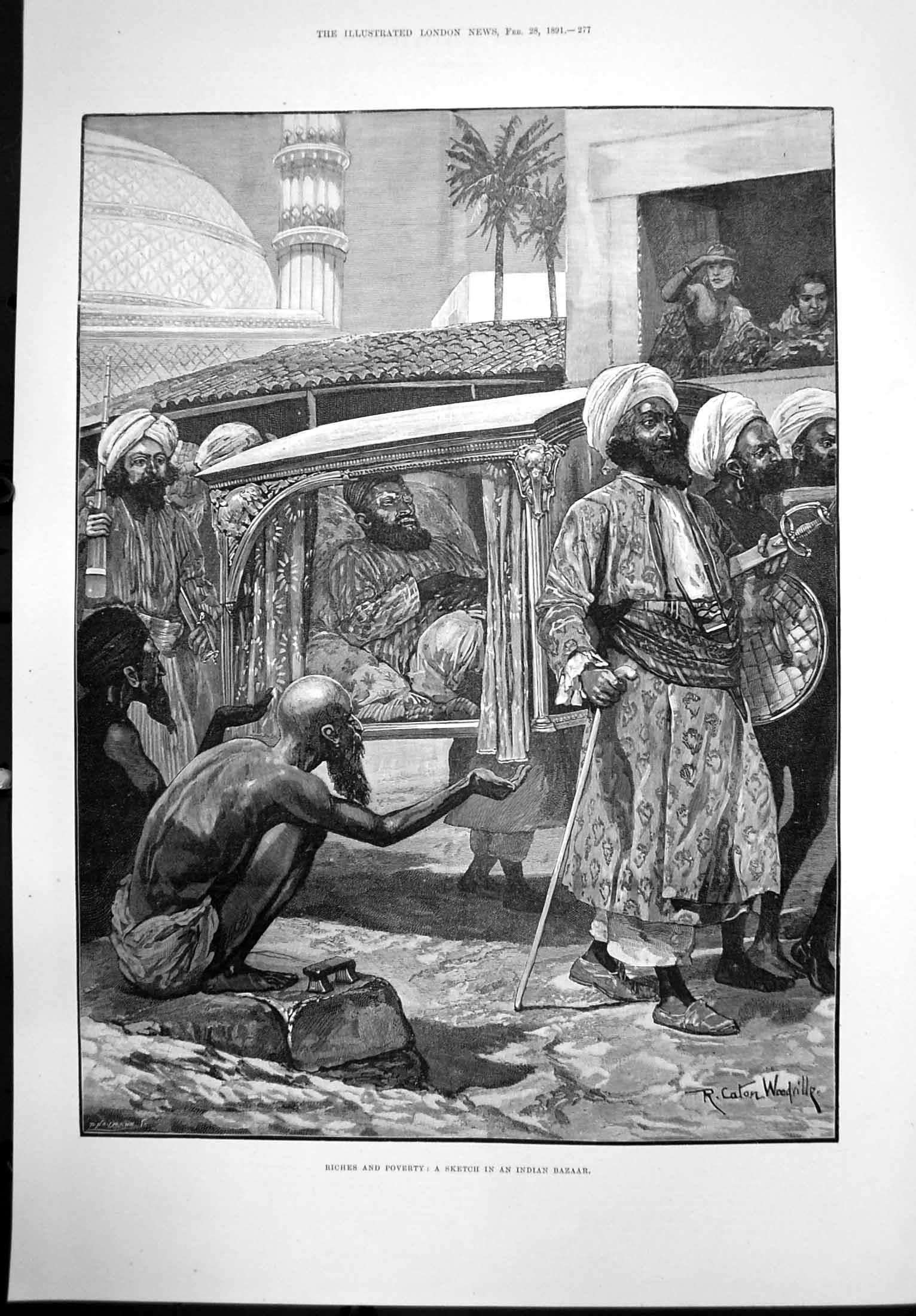 Old Antique Print Riches Poverty Sketch Indian Bazaar Begging Street 1891 19th