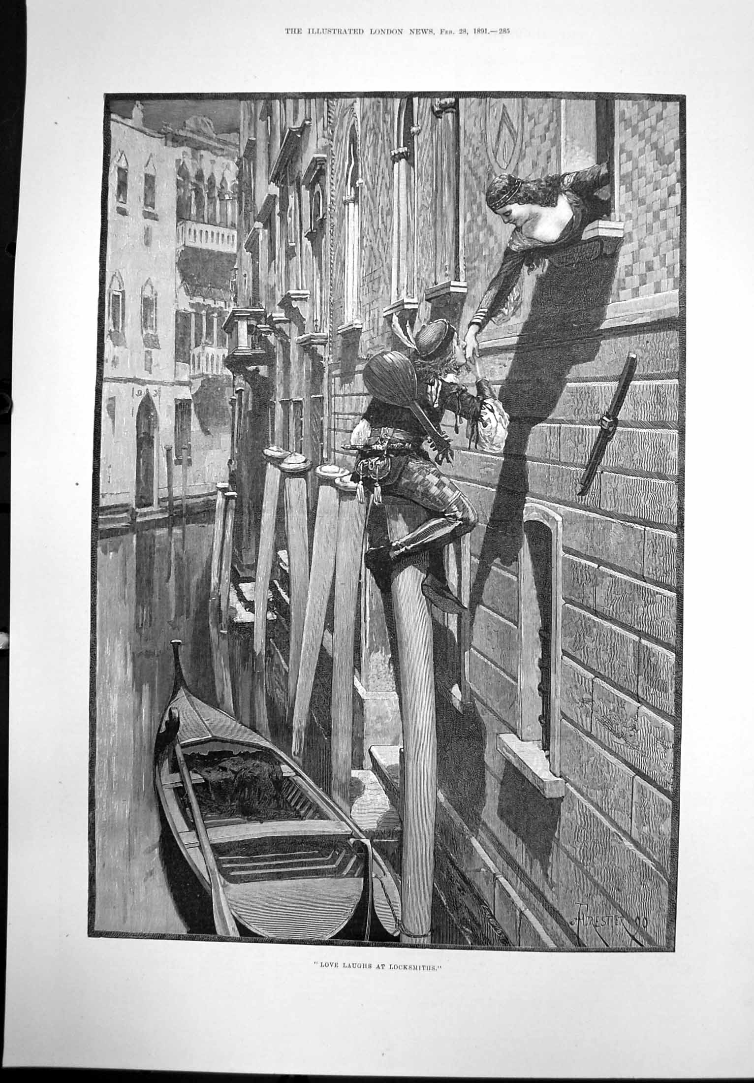 Antique Print Love Laughs At Locksmiths Sailor Climb Kiss Lovers Hand 1891 19th