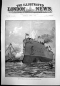 Original Old Antique Print Launch Royal Arthur Queen Portsmouth Dockyard 1891