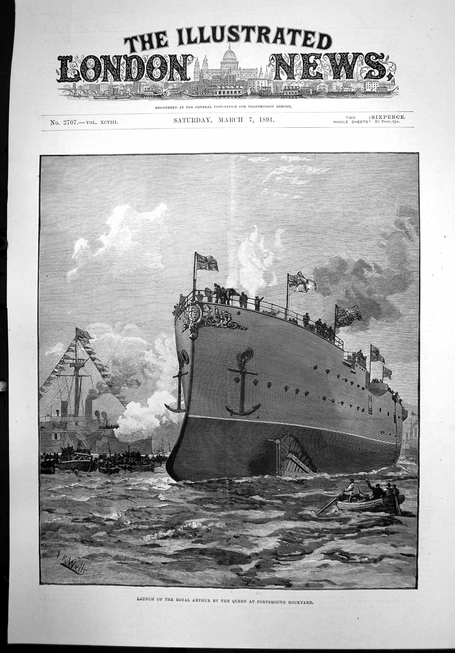 Original Old Antique Print Launch Royal Arthur Queen Portsmouth Dockyard 1891