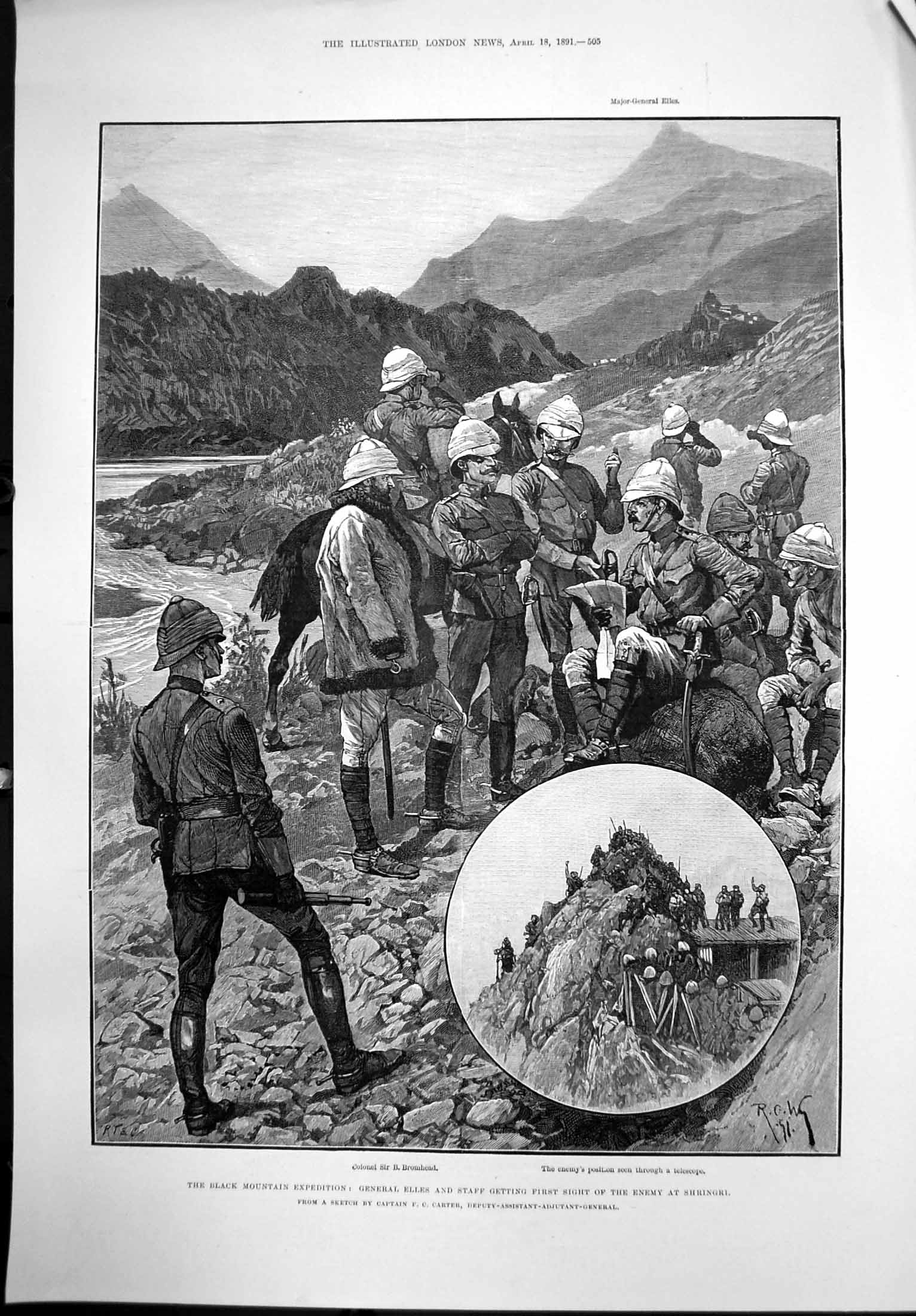 Antique Old Print Gen Elles Staff Sight Enemy Shringri Black Mountains 18911