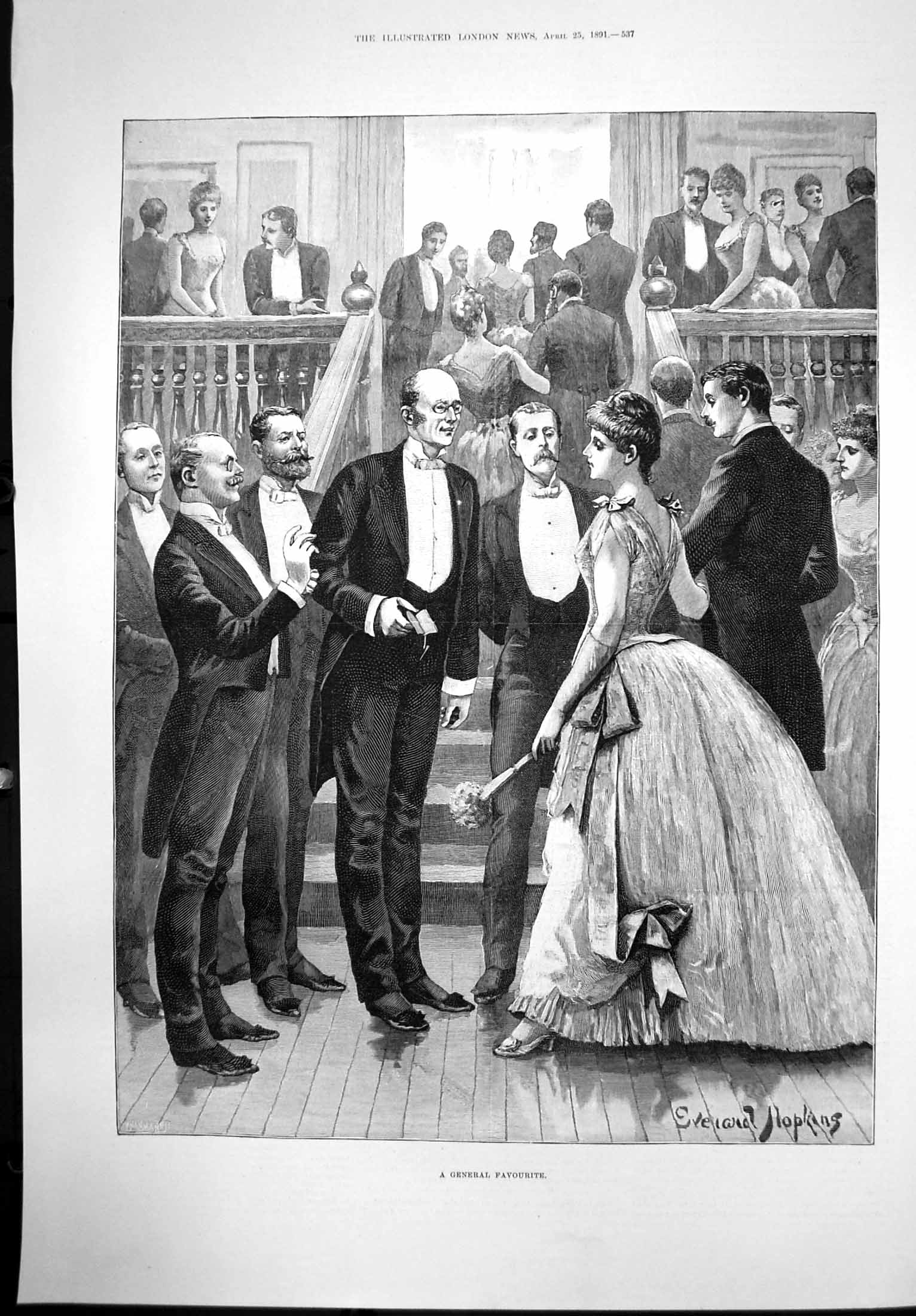 Old Print General Favourite Hopkins Lady Ball Surrounded By Suitors 1891 19th