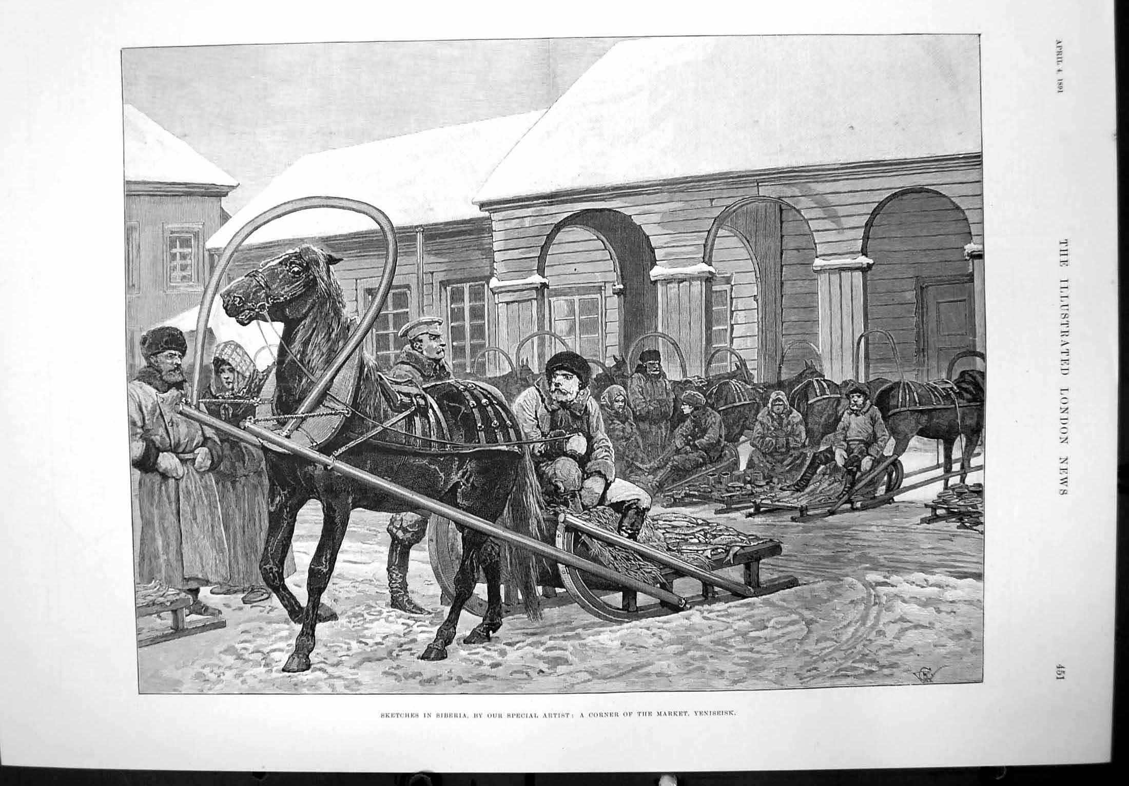 Antique Print Sketches Siberia Corner Market Yeniseisk Horses Sledges 1891 19th