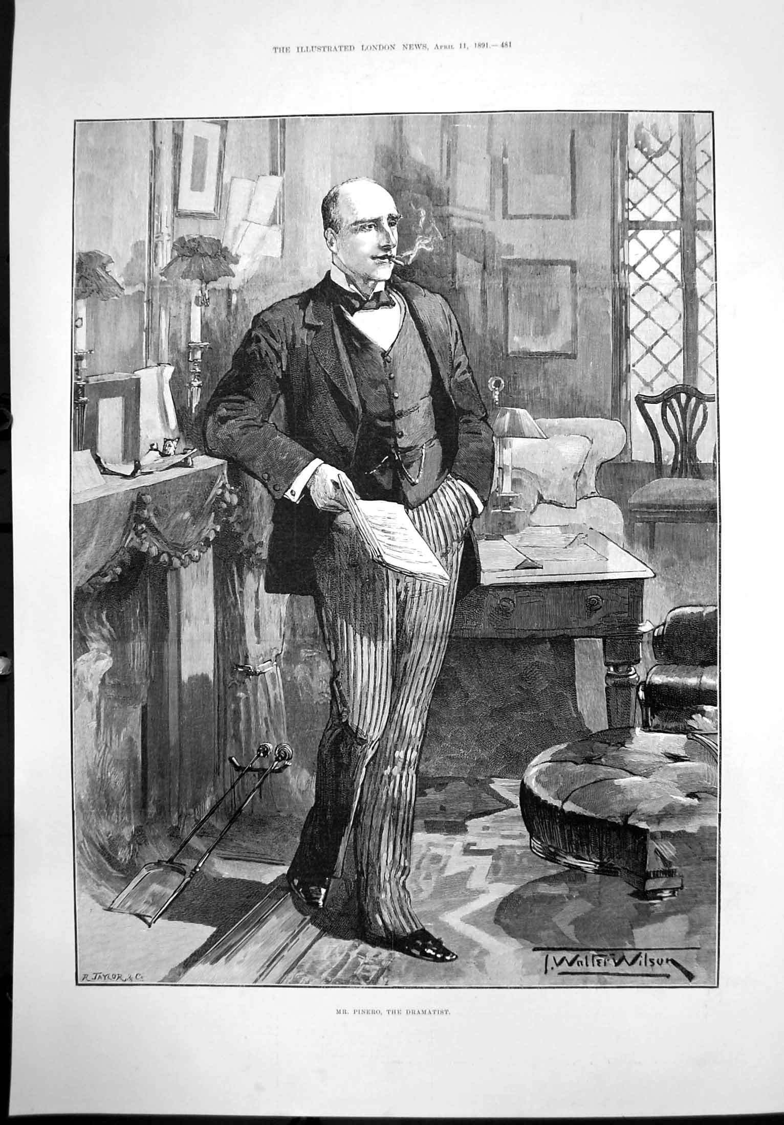 Antique Old Print Pinero Dramatist T Walter Wilson Smoking Reading Lines 1891