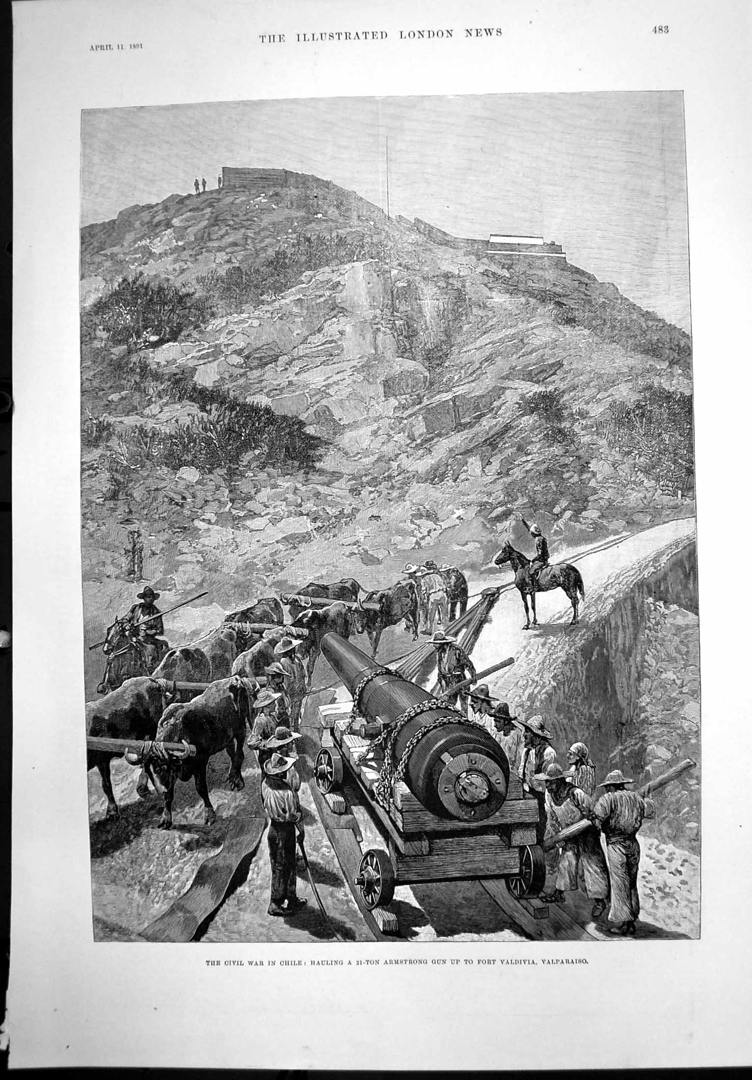 Old Print Chile Hauling 21Ton Armstrong Gun Fort Valdivia Valparaiso 1891