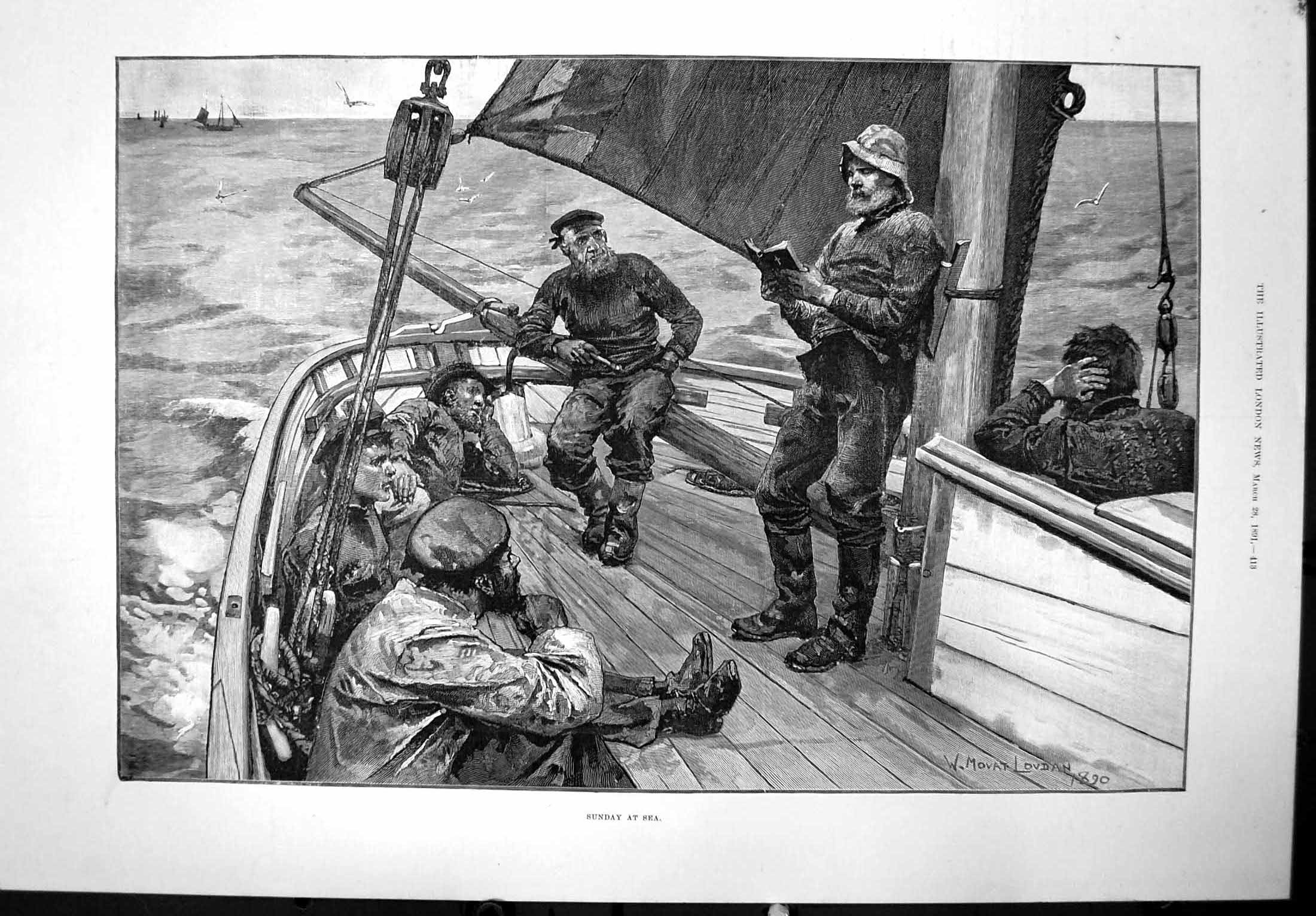 Old Print Sunday At Sea W Lovdan Sailor Reading Bible Sailors Onboard1891 19th