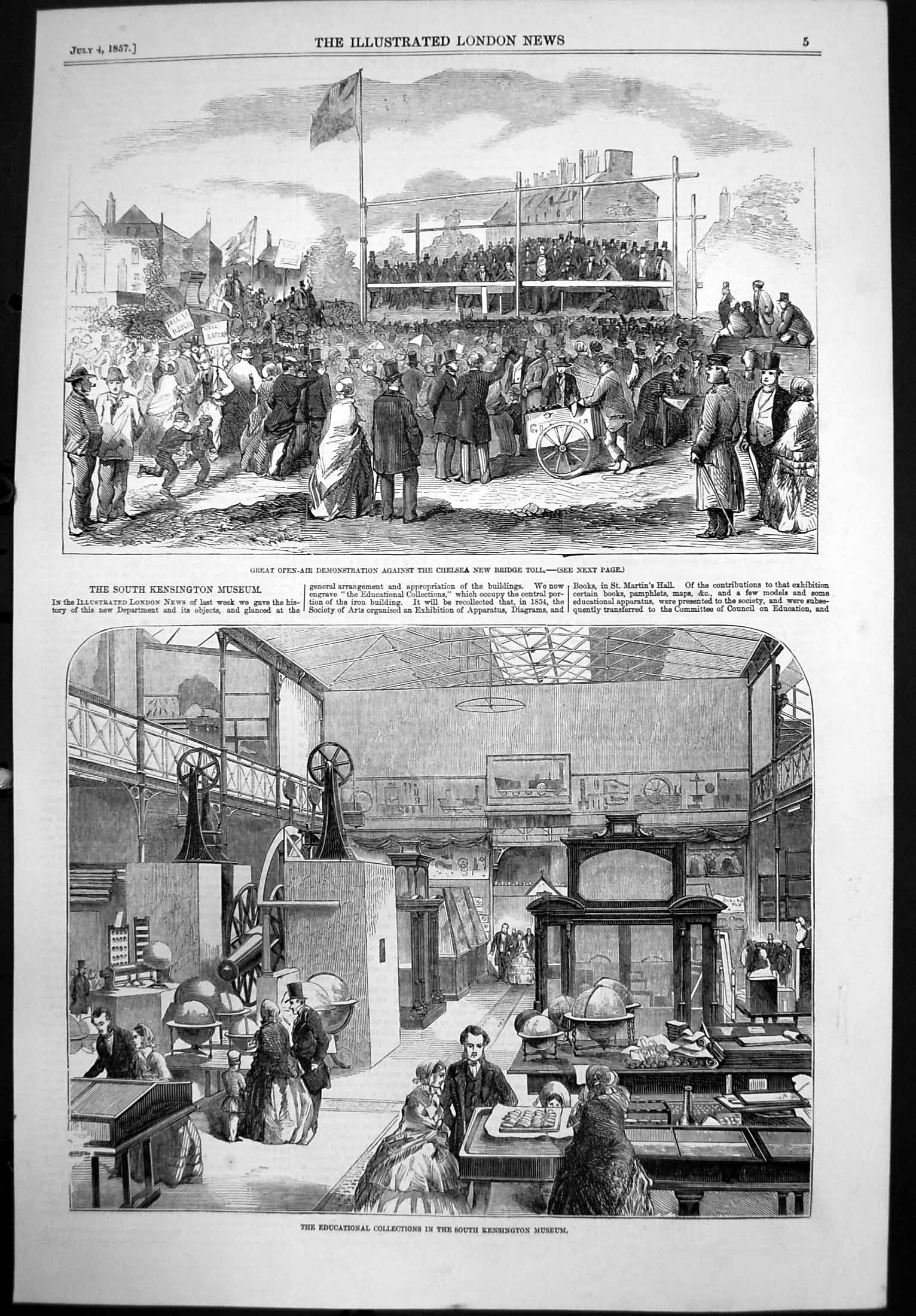 Old Antique Print Demonstrations Against Chelsea Bridge Toll Museum 1857 19th