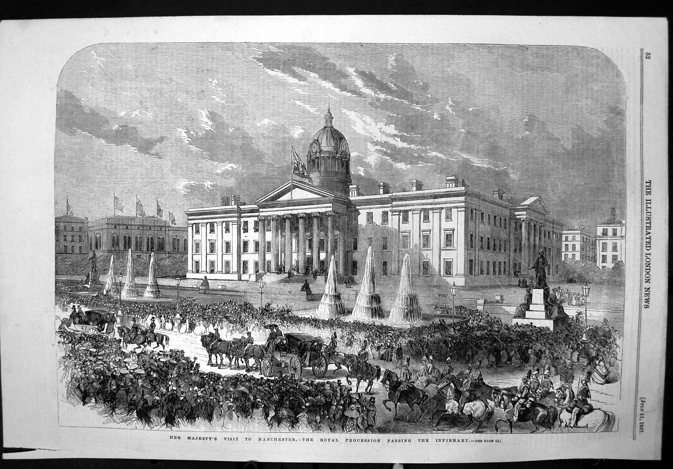 Old Print Queens Visit Manchester Royal Procession Passing Infirmary1857 19th