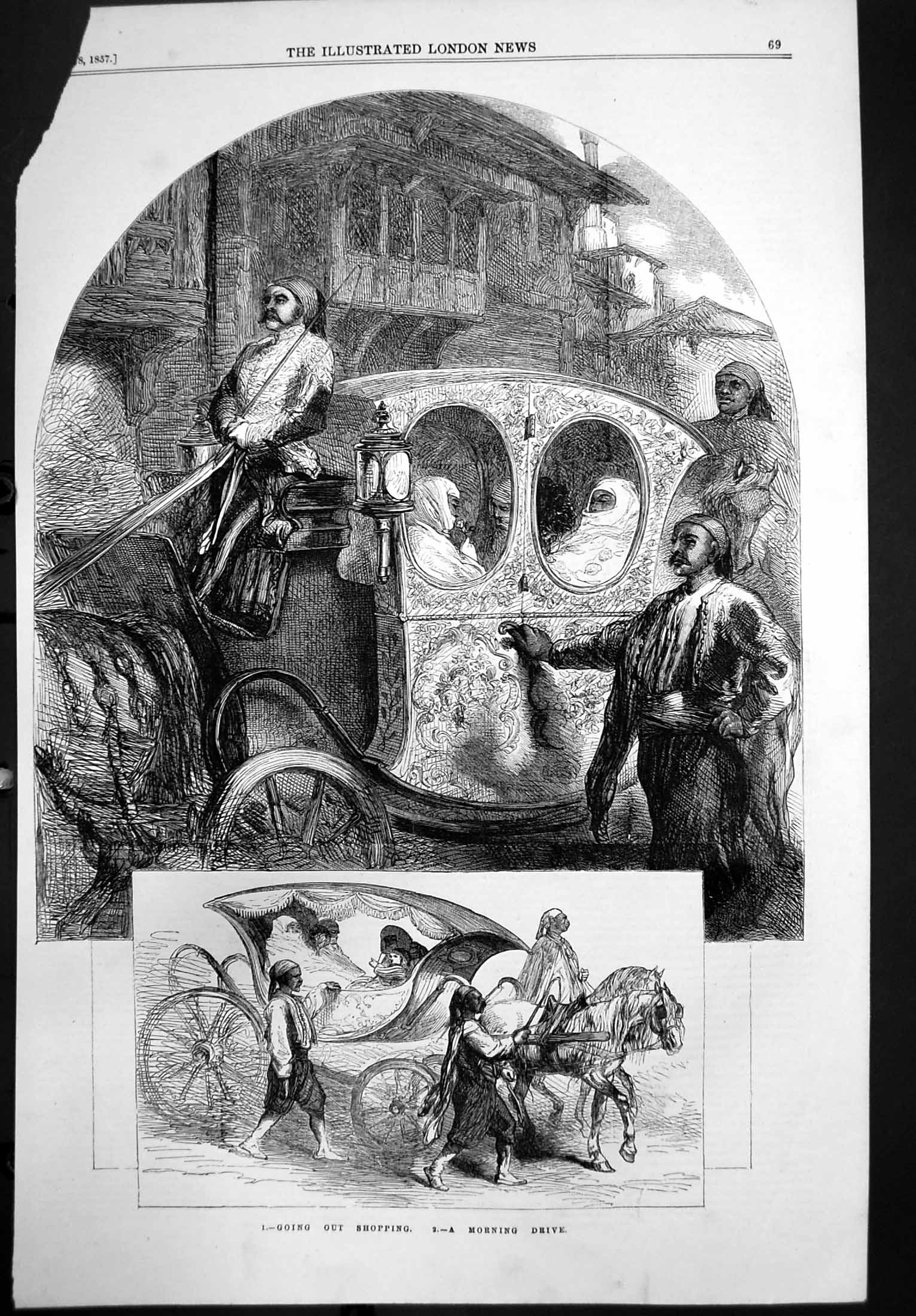 Original Old Antique Print Going Shopping Morning Drive Horse Chariot 1857 19th