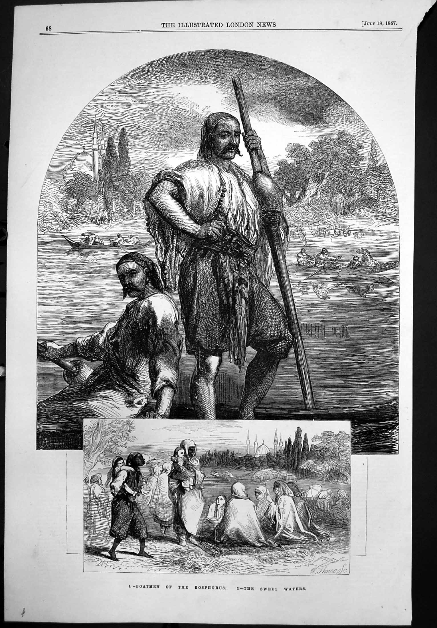 Original Old Antique Print Boatmen Bosphorus Sweet Waters Native Men Oars 1857