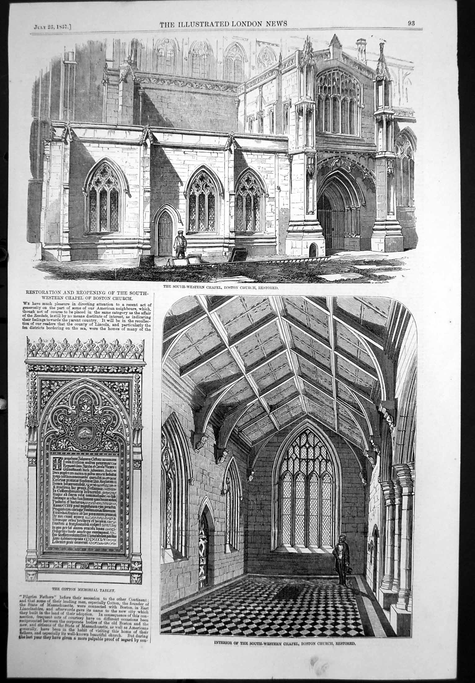 Antique Old Print Boston Church Restored South West Chapel In Exterior 1857