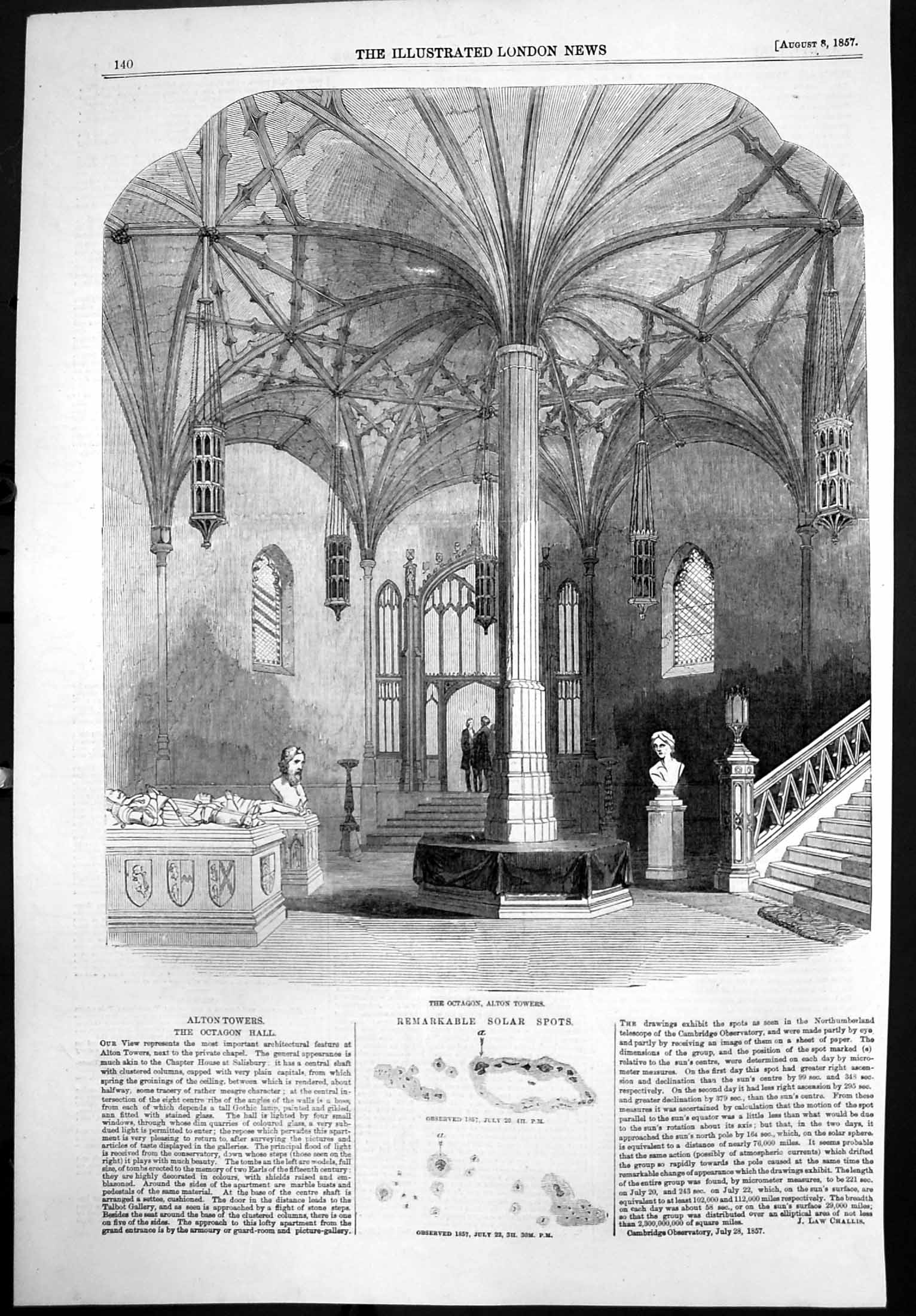 Old Antique Print Architectural Features Octagon Hall Alton Towers 1857 19th