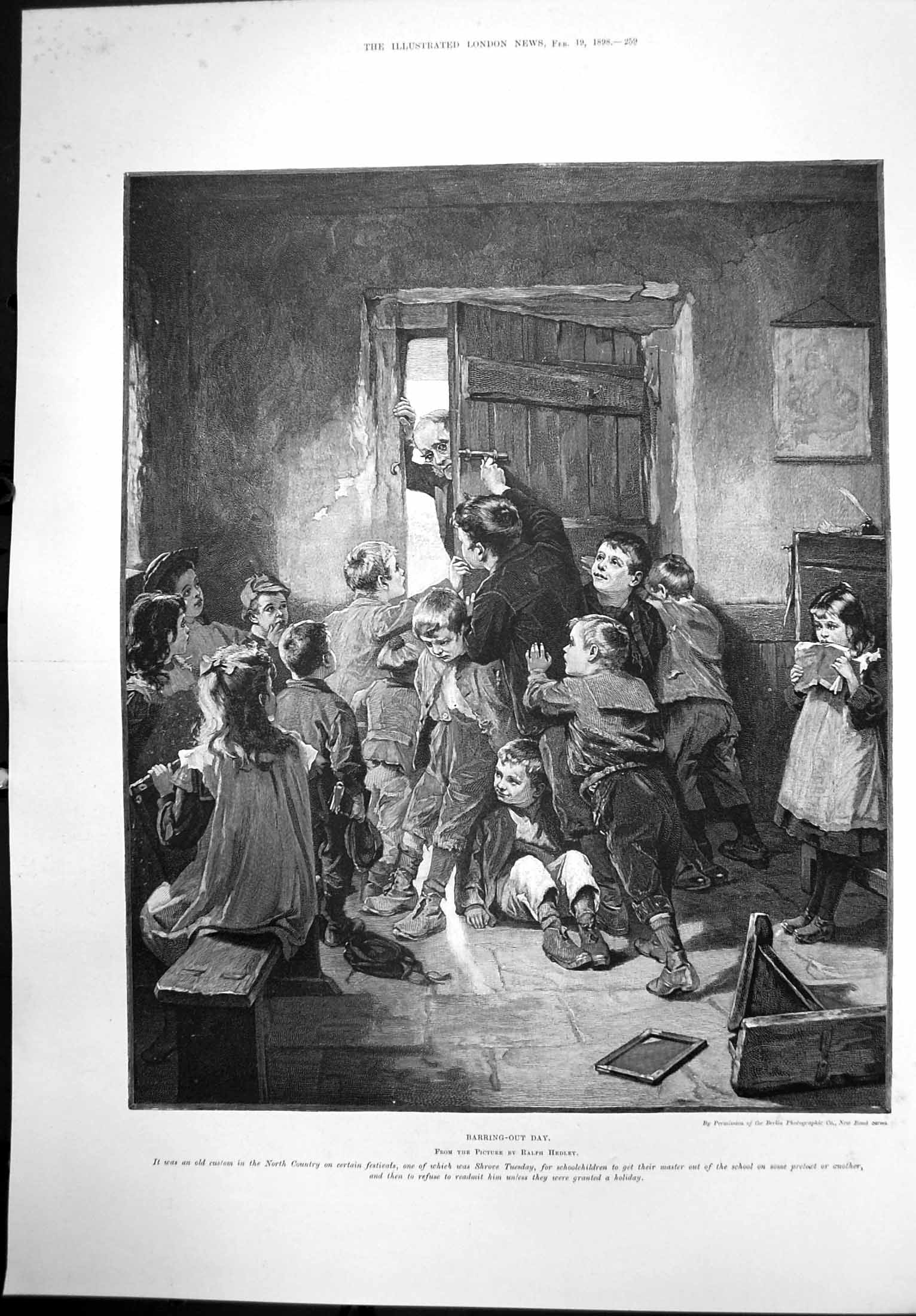 Old Antique Print Barring Out Day Schoolchildren Barring Master Door 1898 19th