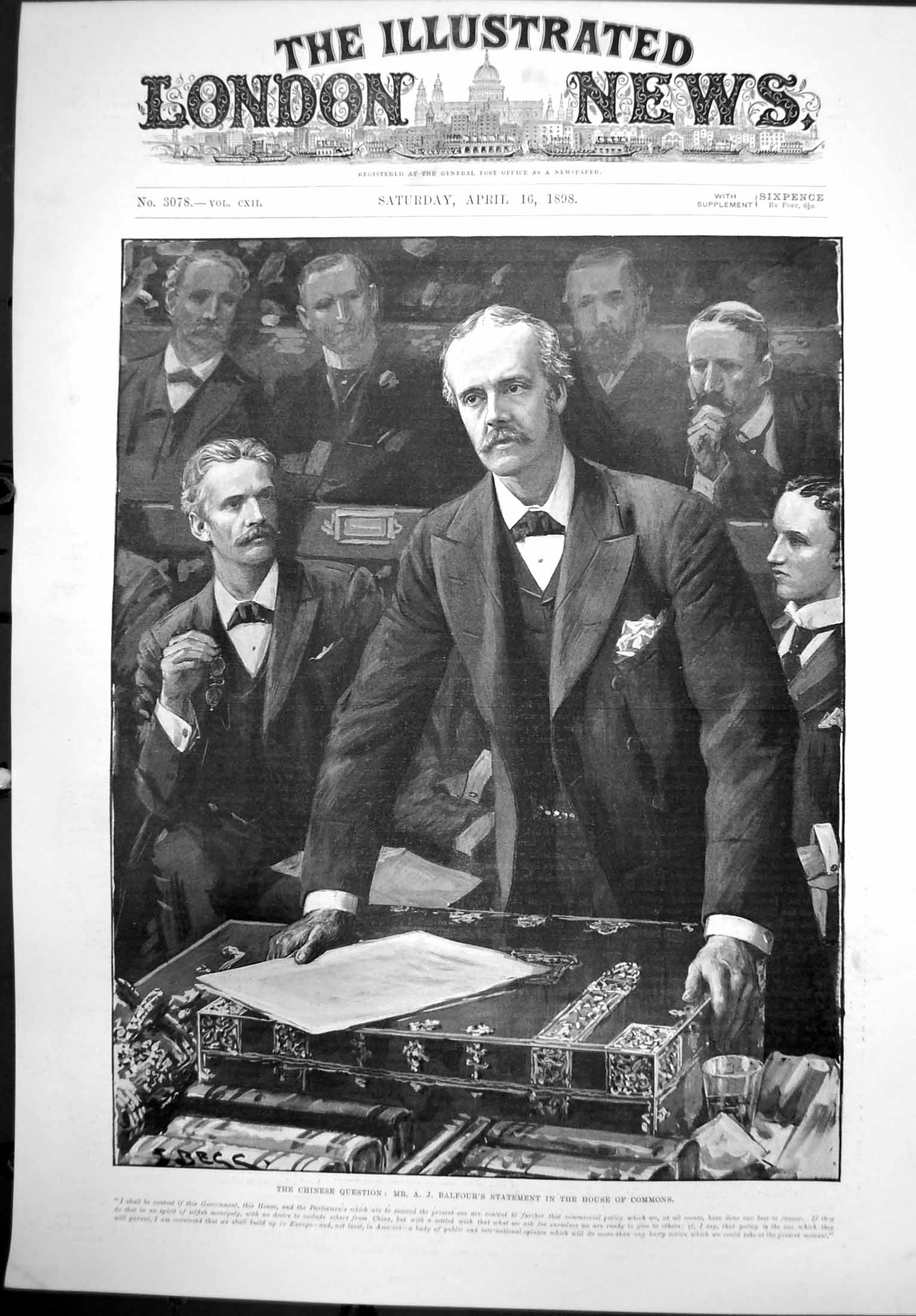 Antique Old Print Chinese Question Aj Balfours Statement House Commons 1898
