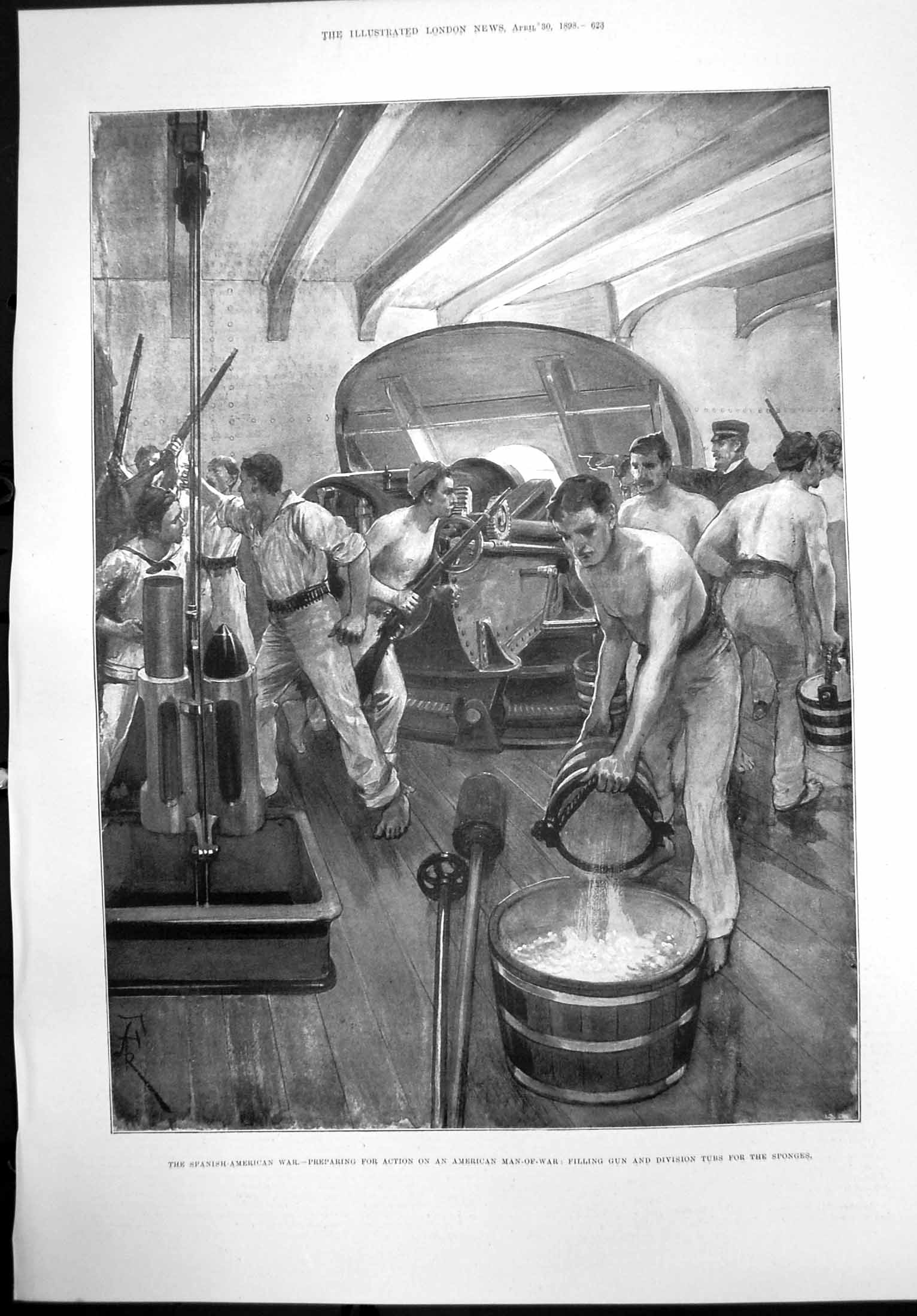 Antique Old Print Preparing Action American Man-Of-War Filling Gun Tubs 1898
