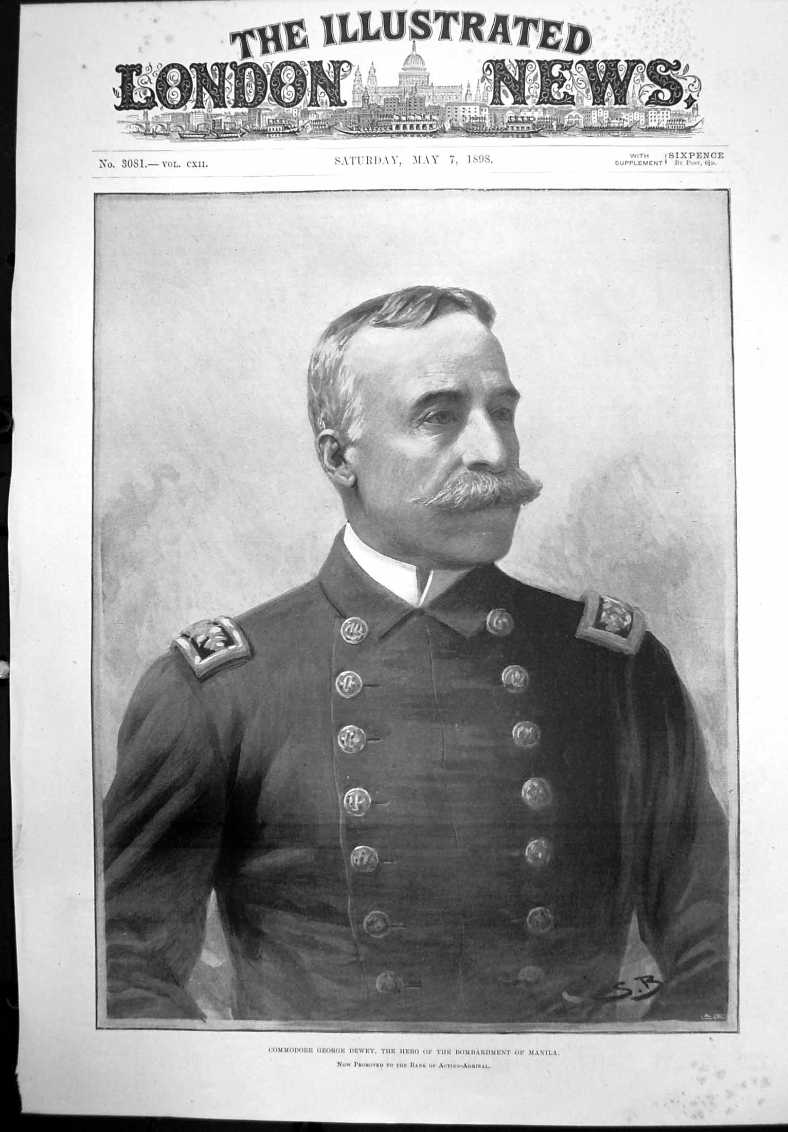 Original Old Antique Print Commodore George Dewey Hero Bombardment Manila 1898