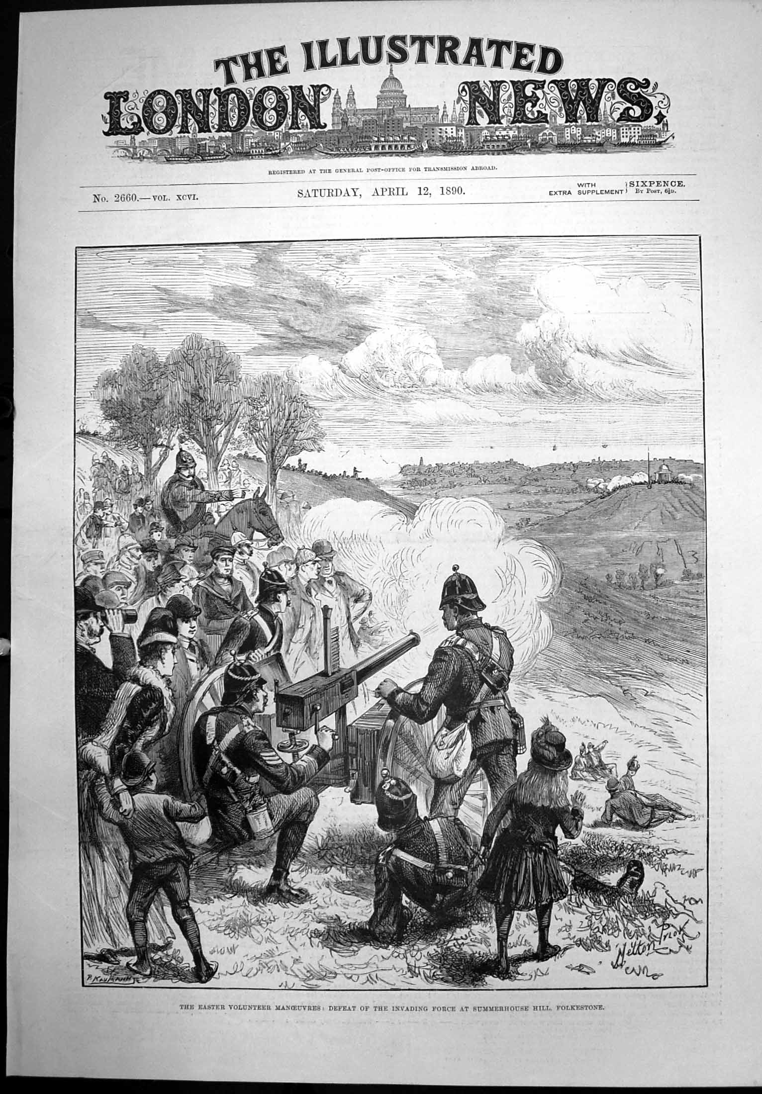 Antique Old Print Volunteers Defeat Invading Force Summerhouse Folkestone1890