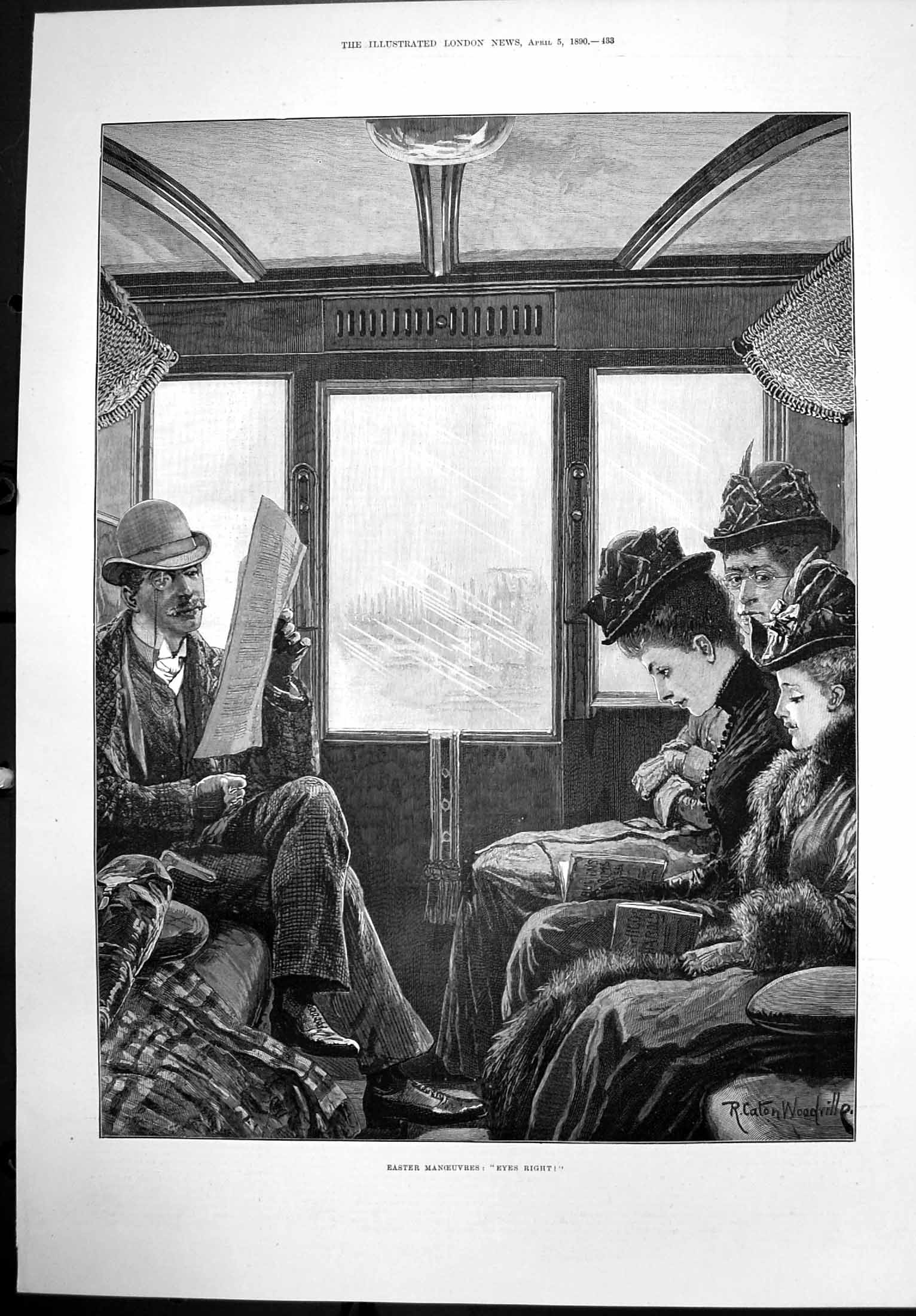 Antique Print Eyes Right R Caton Woodville Man ReadingLadies Train 1890