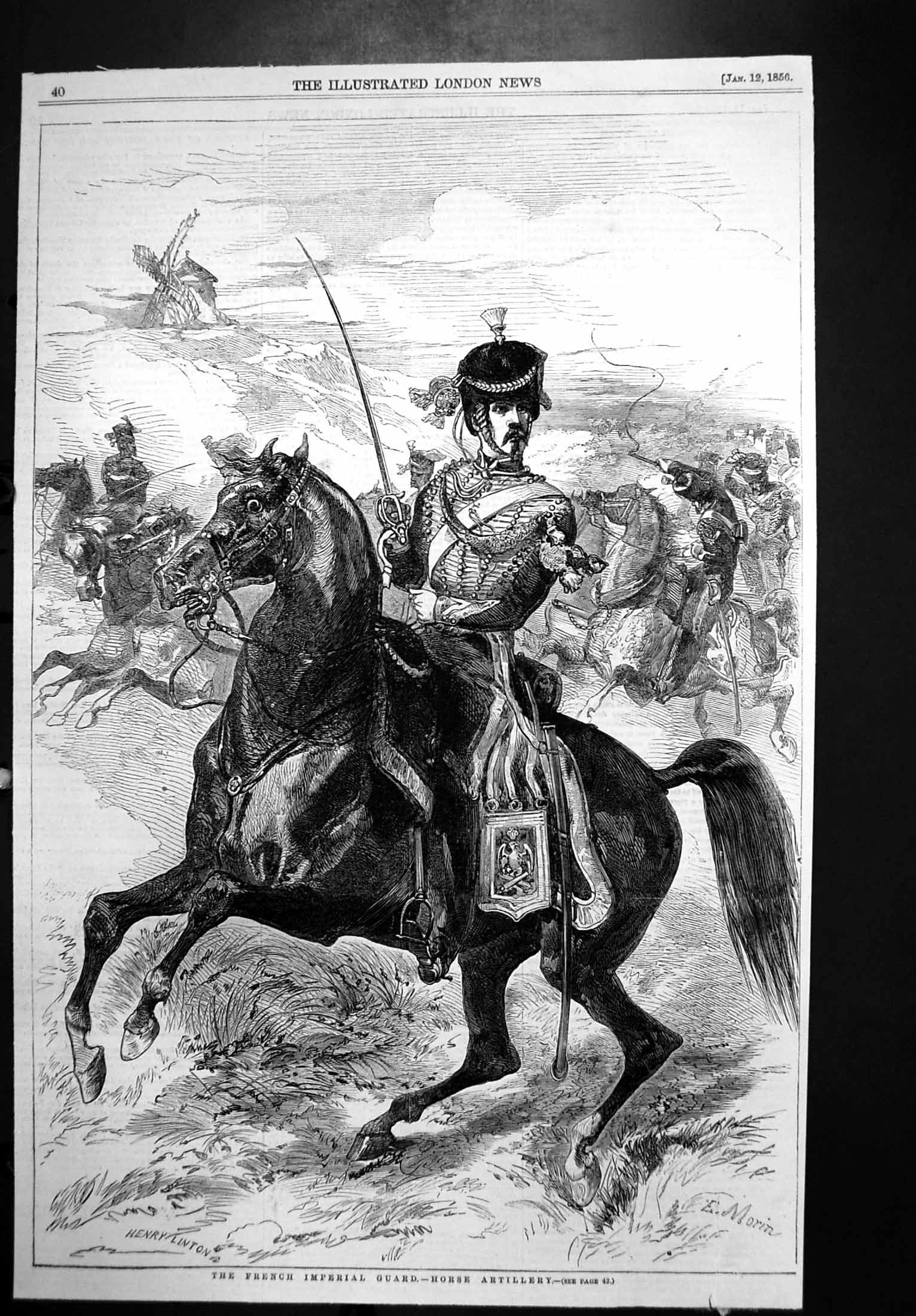 Original Old Antique Print French Imperial Guard E Morin Horse Artillery 1856