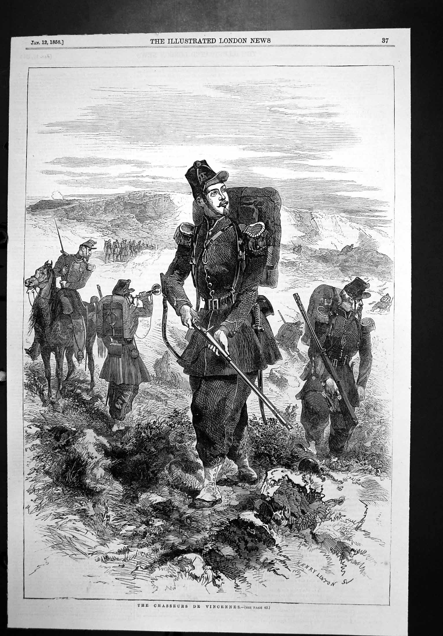 Original Old Antique Print Chasseurs De Vincennes Siers Foot Patrol Rifles 1856