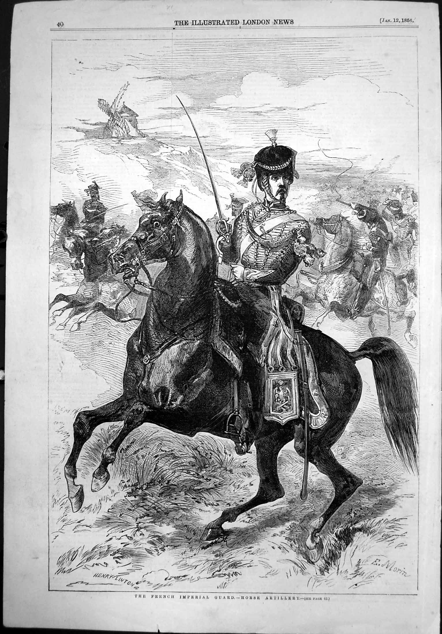 Original Old Antique Print French Imperial Guard Horse Artillery E Morin 1856