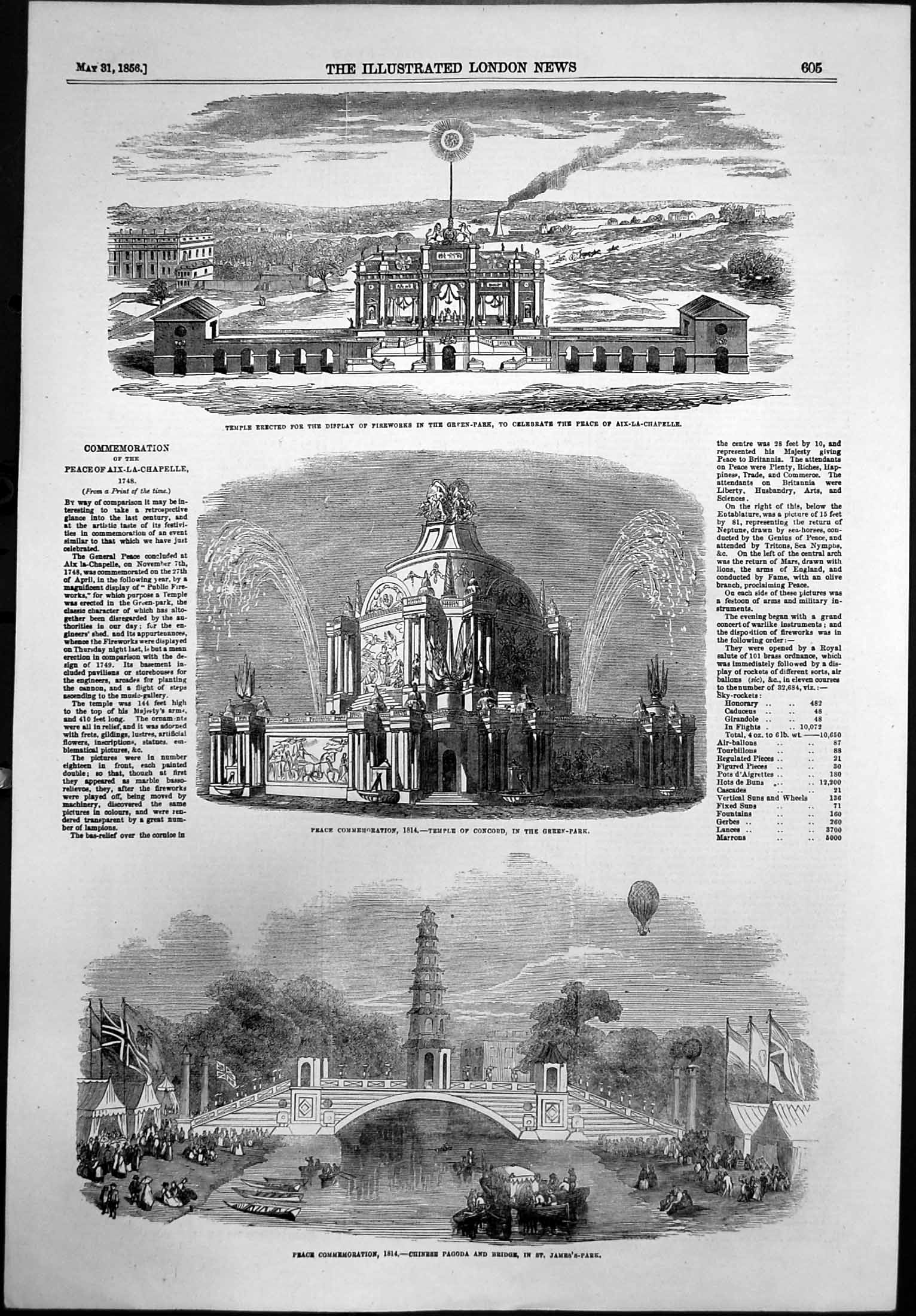 Antique Print Peace Commemoration 1814 Aix-La-Chapelle Temple Concord 1856 19th