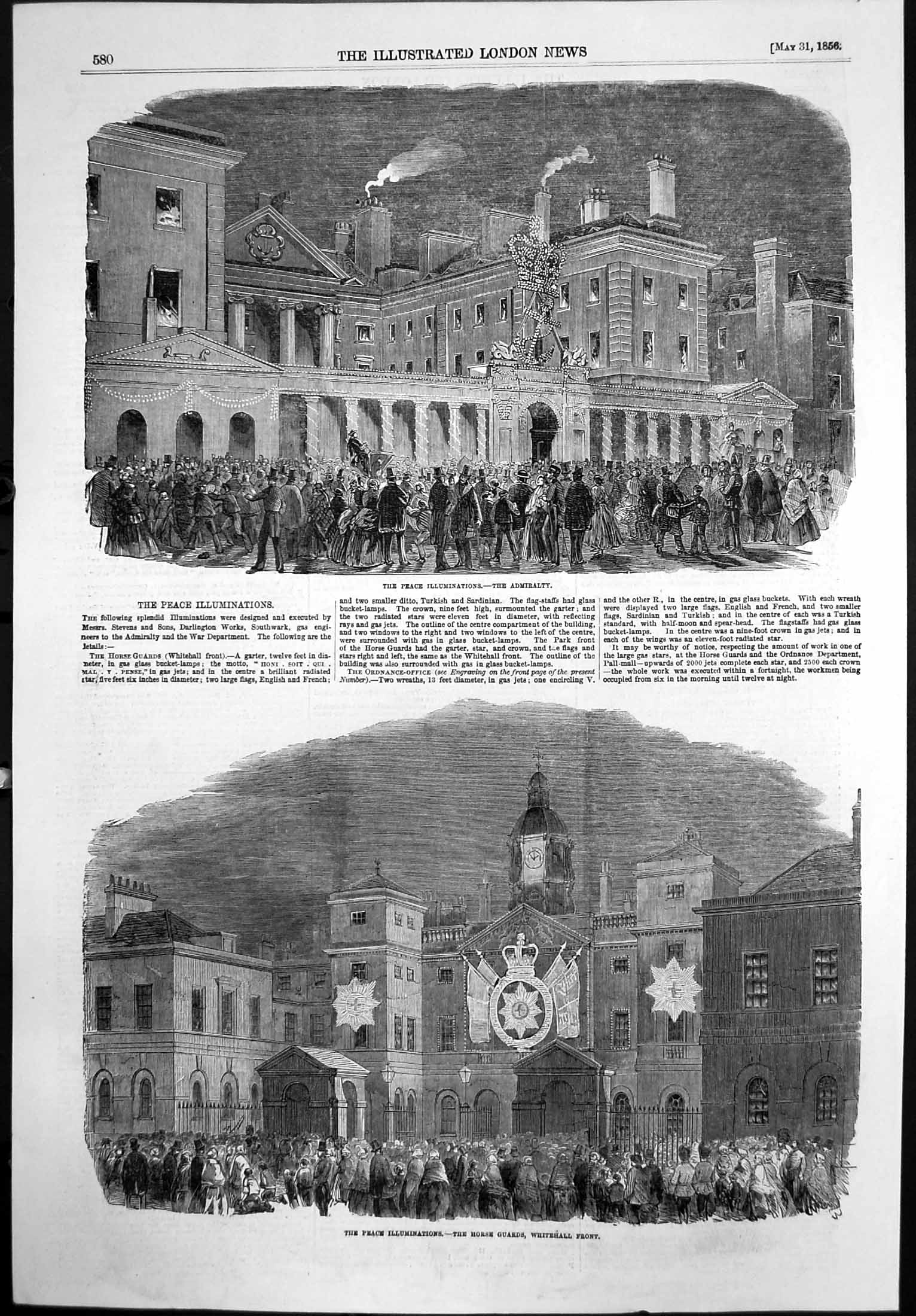 Antique Old Print Peace Illuminations Admiralty Horse Guards Whitechapel 1856