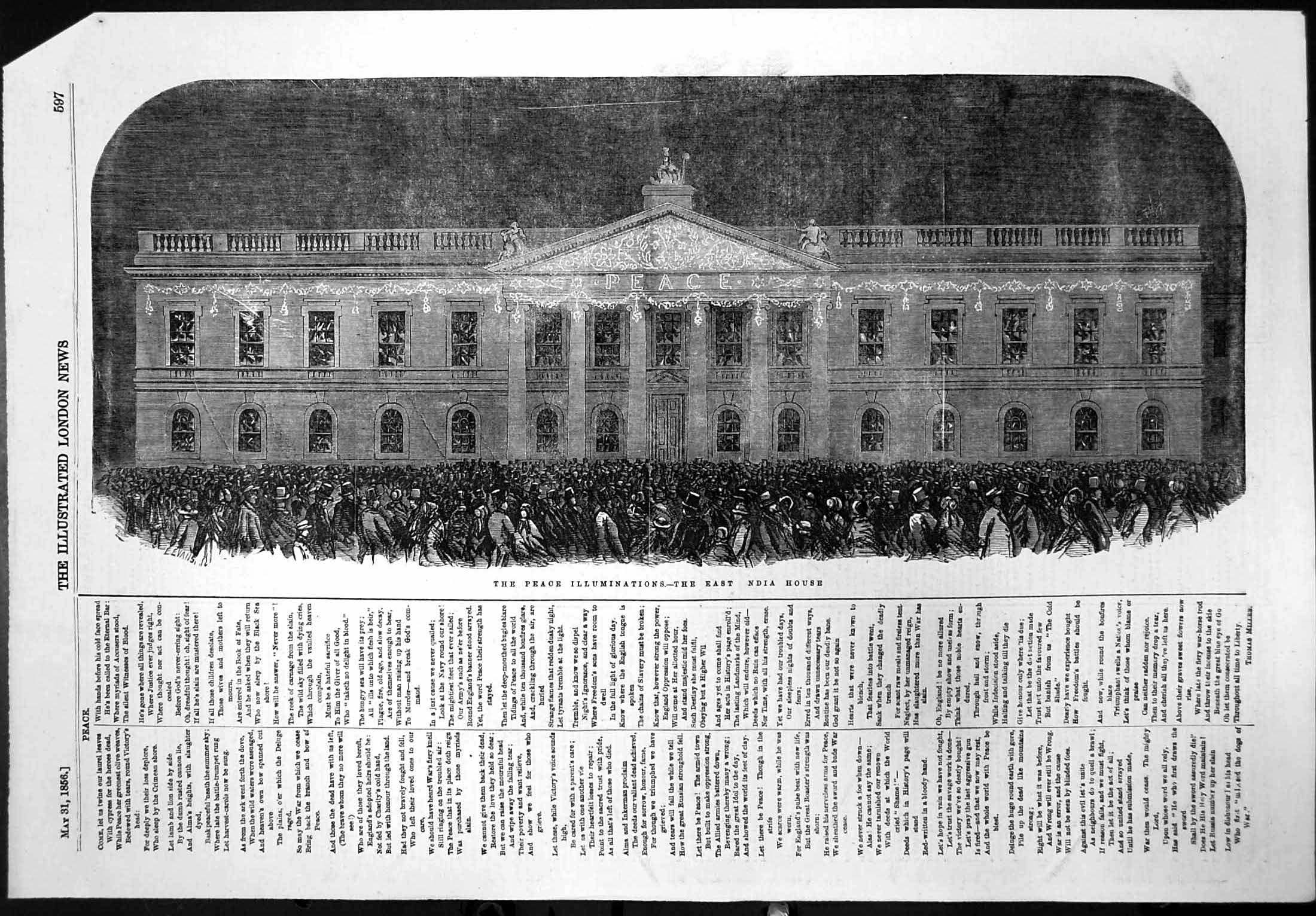 Antique Old Print Peace Illuminations East India House Crowds Outside 1856 19th