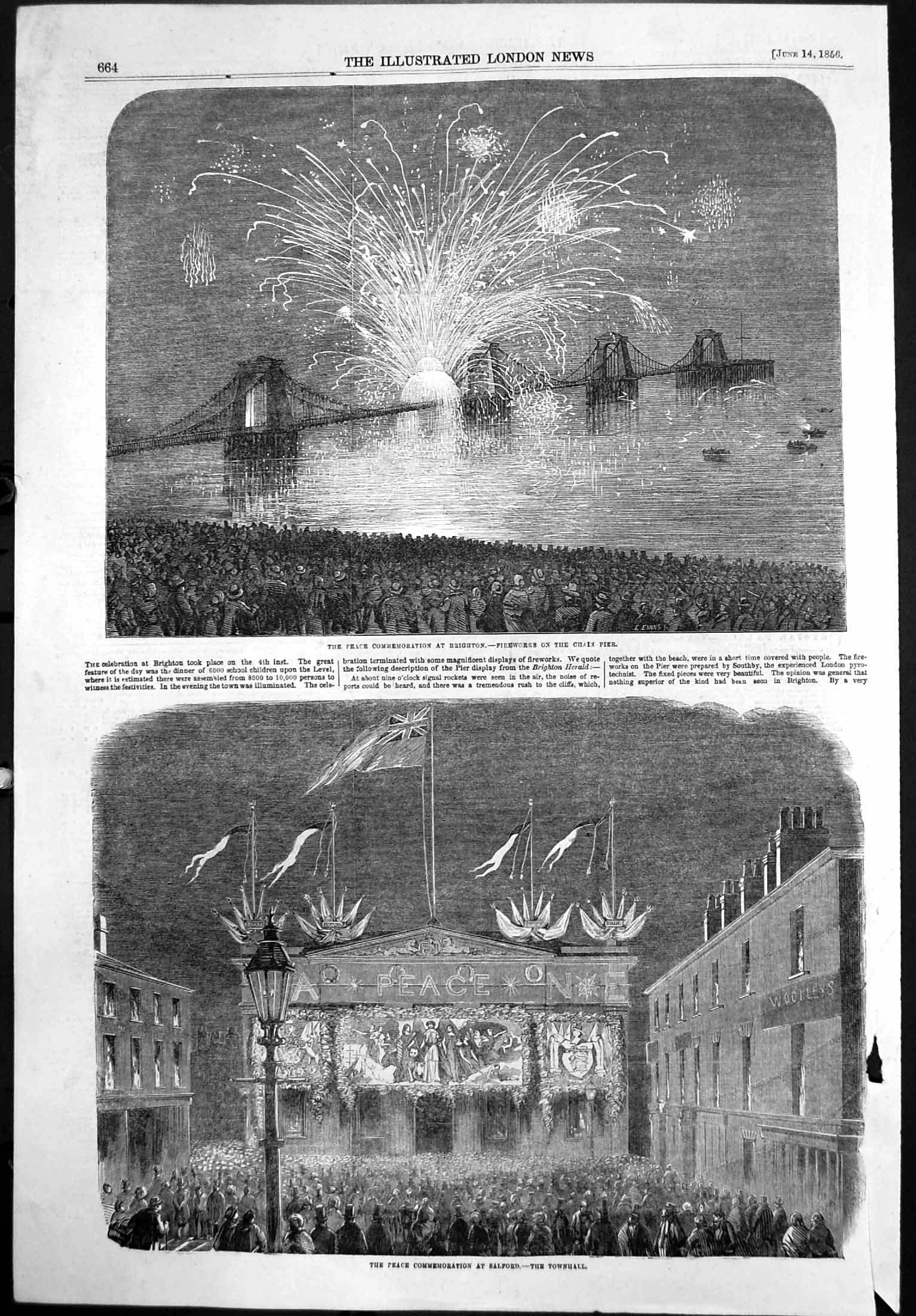 Old Antique Print Peace Commemoration Salford Townhall Brighton Pier 1856 19th