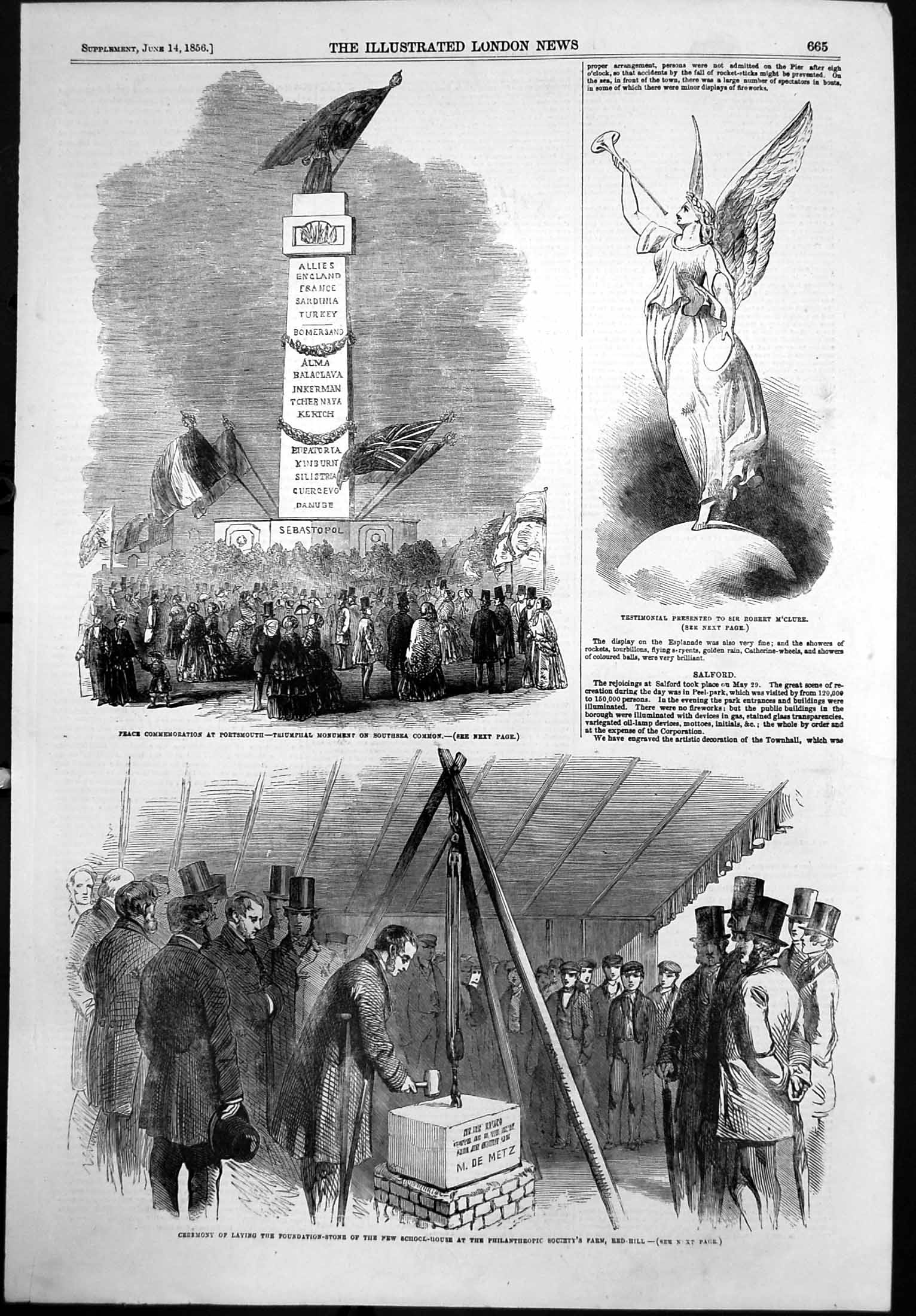 Antique Old Print Peace Commemoration Portsmouth Newschoolhouse Redhill1856