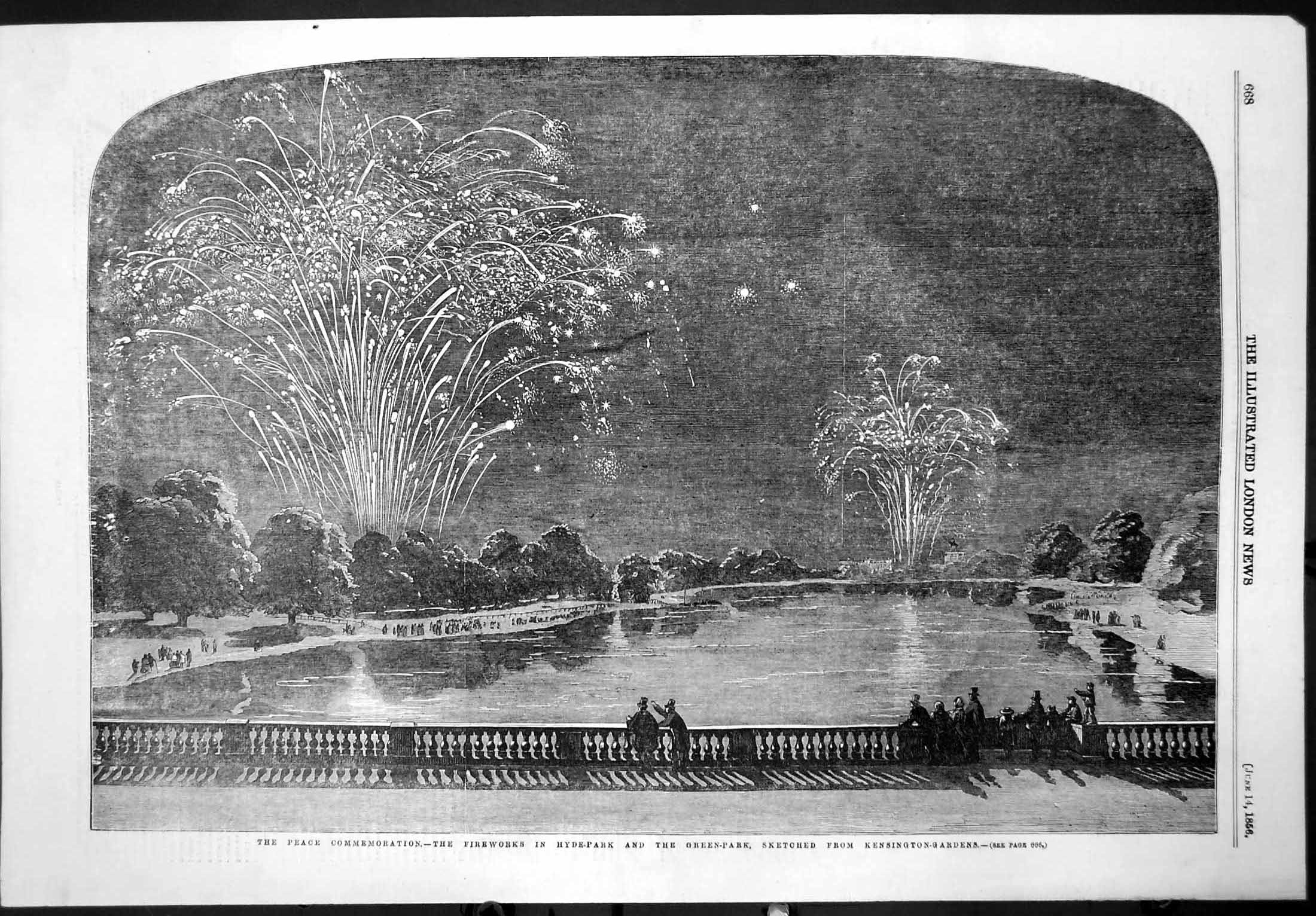 Old Antique Print Peace Commemoration Fireworks Hyde Park Green Park 1856 19th