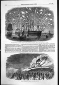 Antique Old Print Peace Commemoration Plymouth Fleet Portsmouth Bonfire 1856