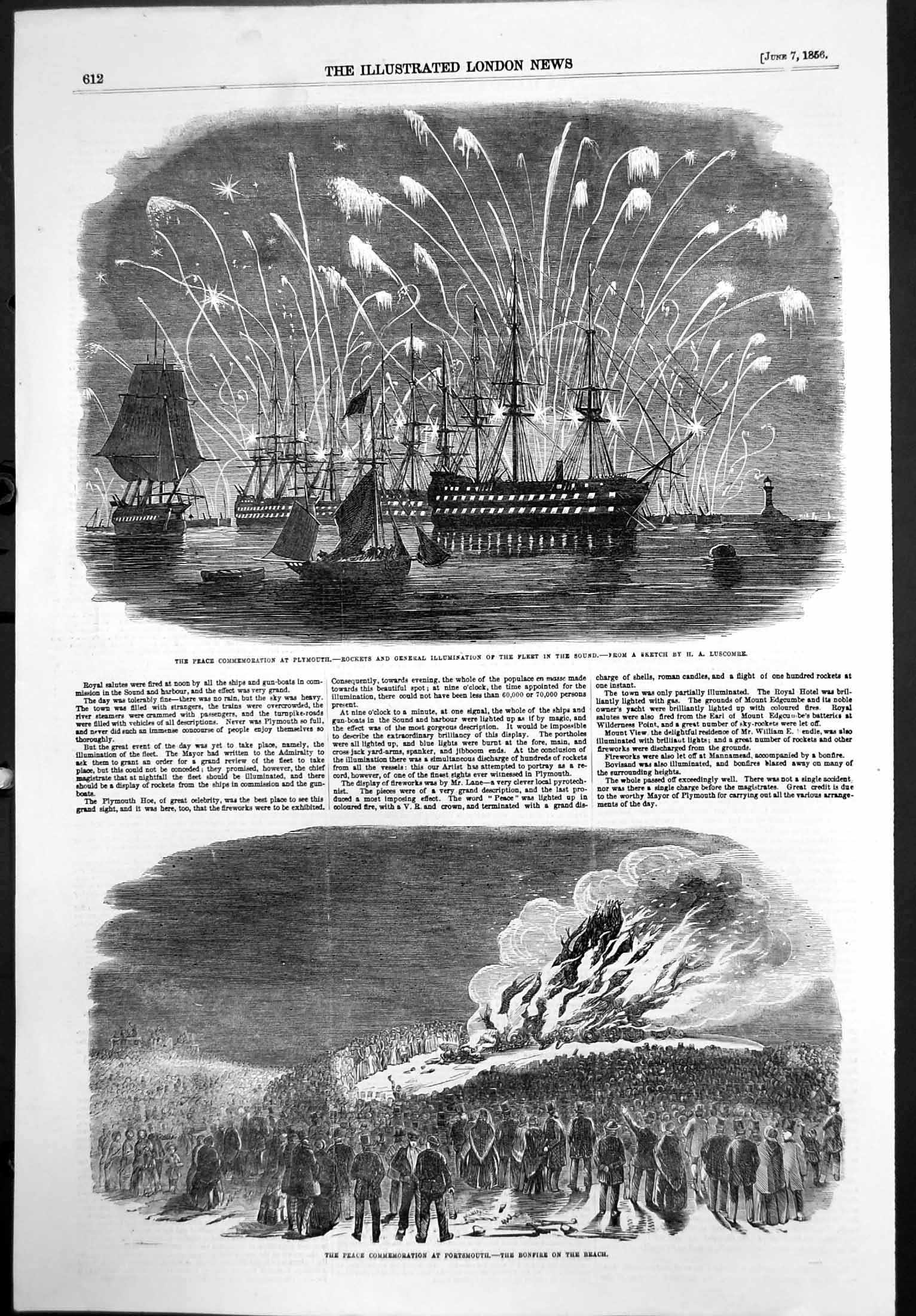 Antique Old Print Peace Commemoration Plymouth Fleet Portsmouth Bonfire 1856