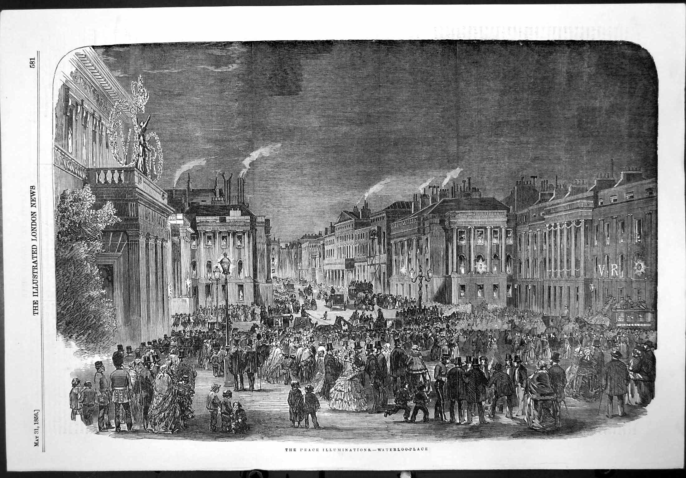 Original Old Antique Print Peace Illuminations Waterloo Place Crowds 1856 19th
