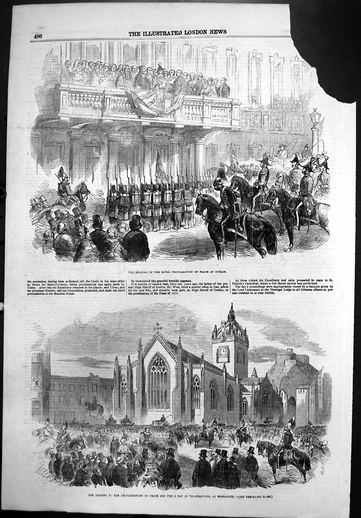 Antique Old Print Reading Proclamations Peace Dublin Edinburgh 1856 Damaged