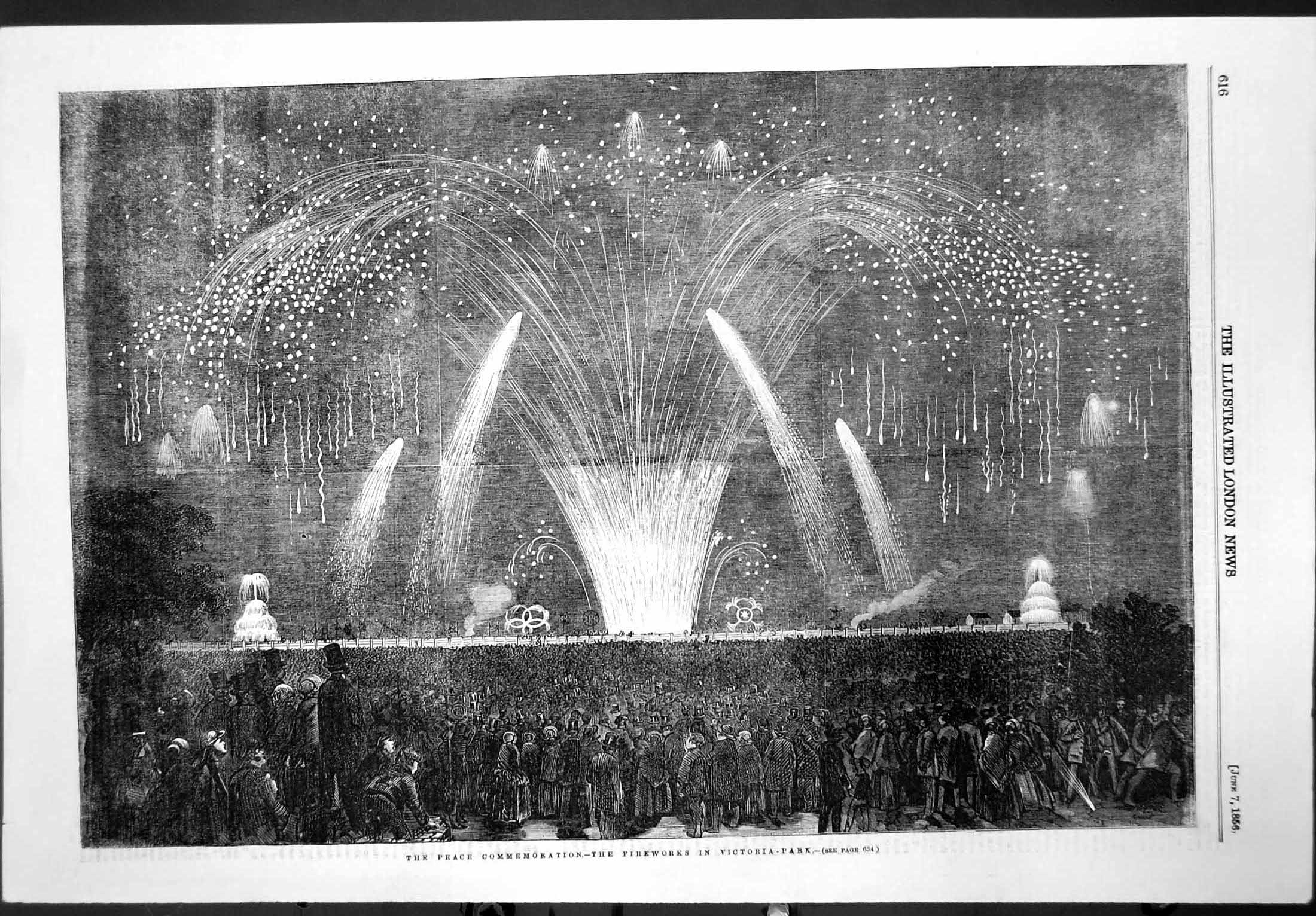 Original Old Antique Print Peace Commemoration Fireworks Victoria Park 1856