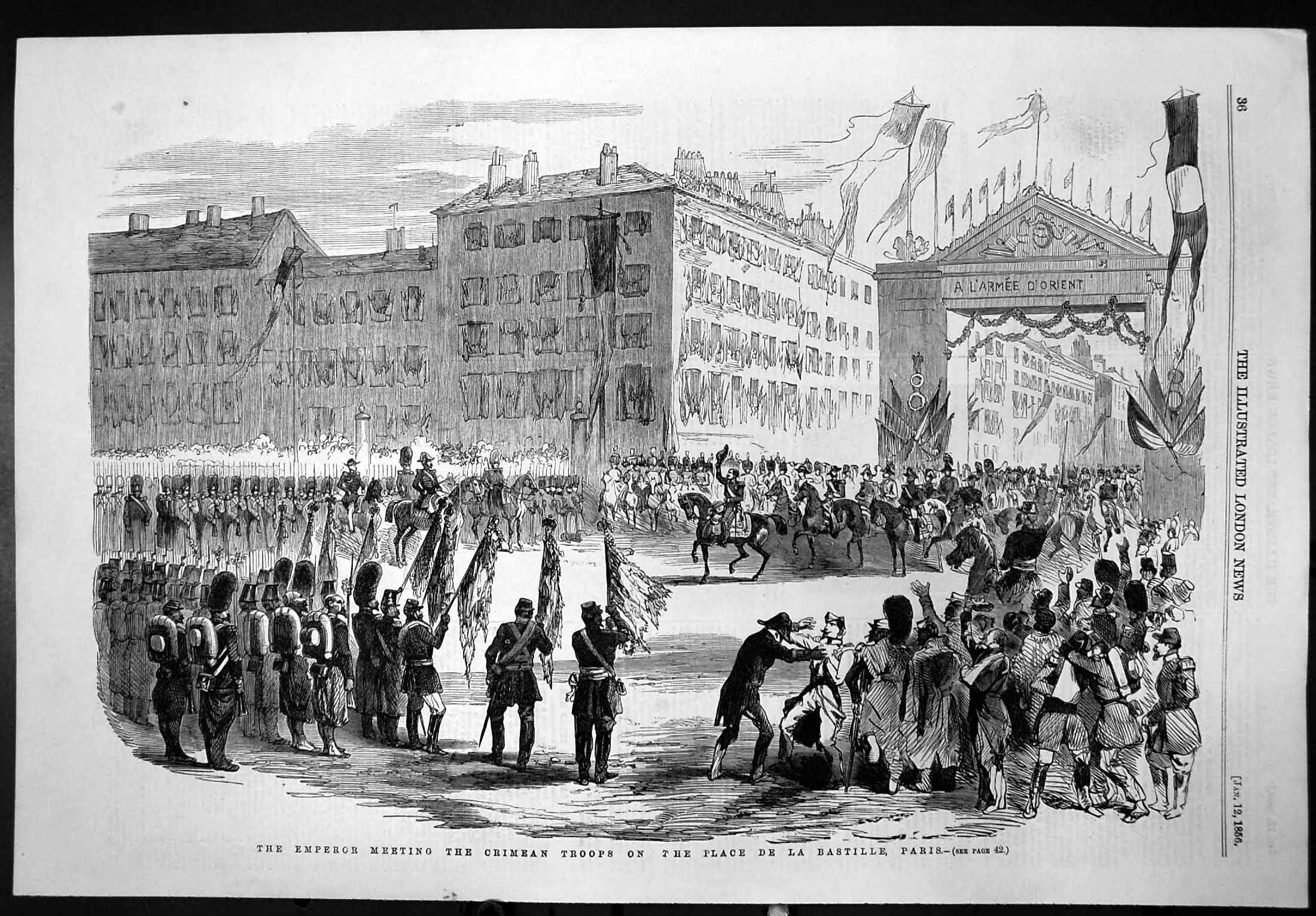 Old Print Emperor Meeting Crimean Troops Place De La Bastille Paris 1856 19th