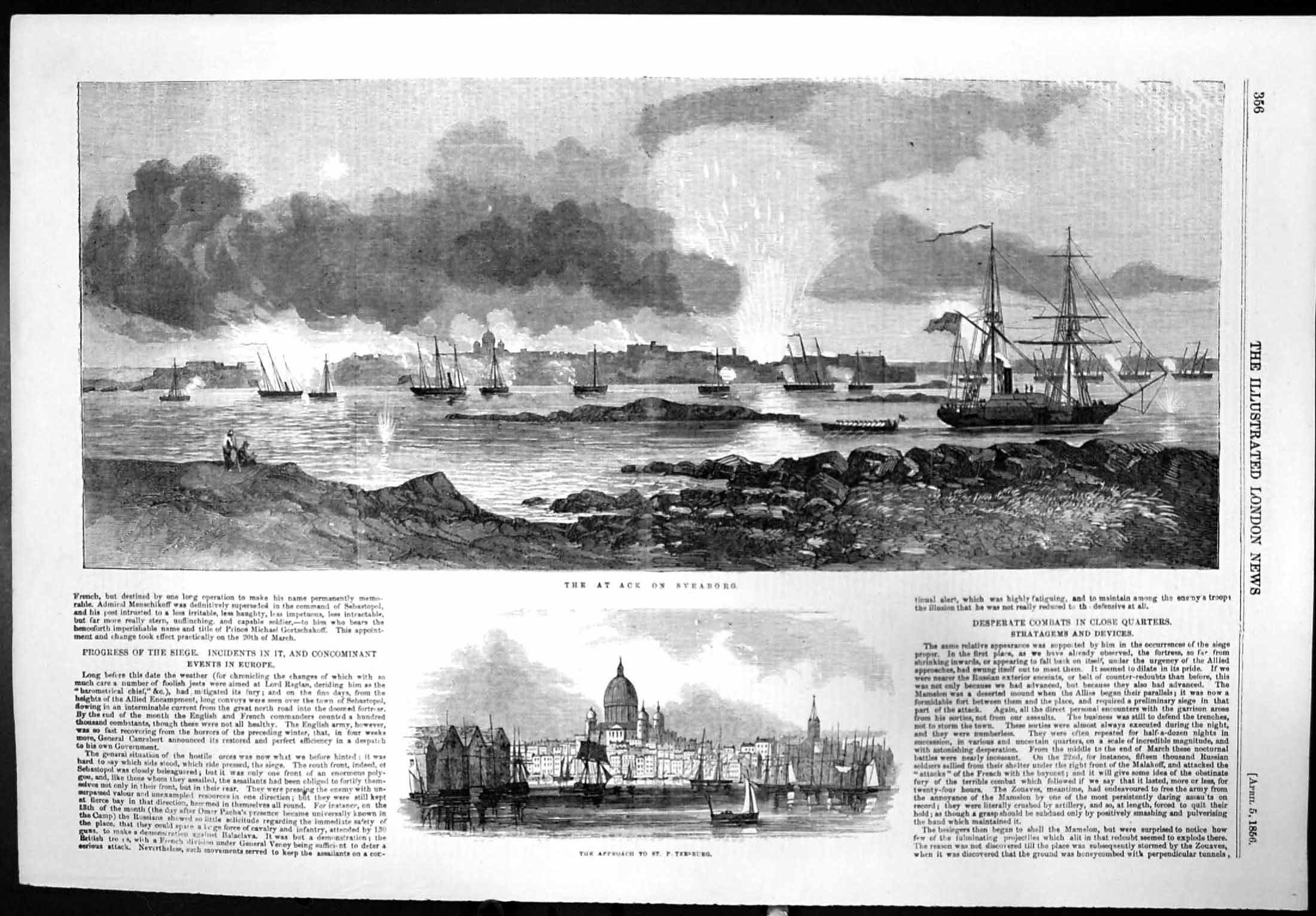 Original Old Antique Print Attack Sveaborg Ships Approach St Petersburg 1856
