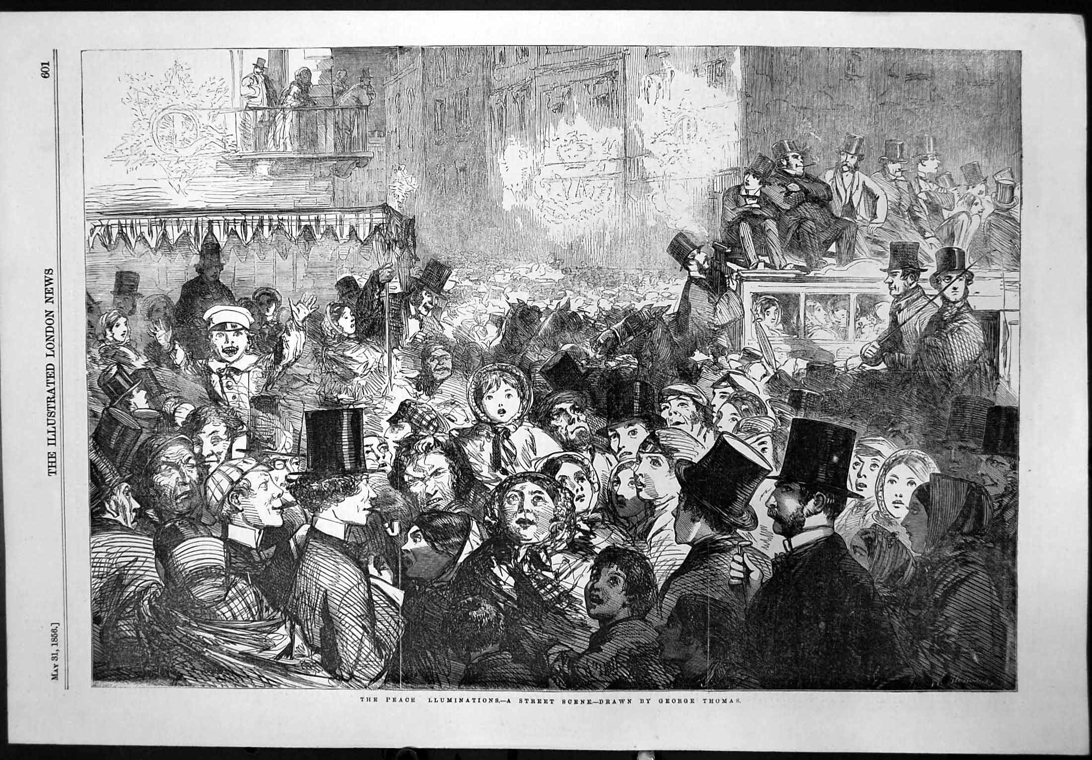 Original Old Antique Print Peace Illuminations Street Scene George Thomas 1856