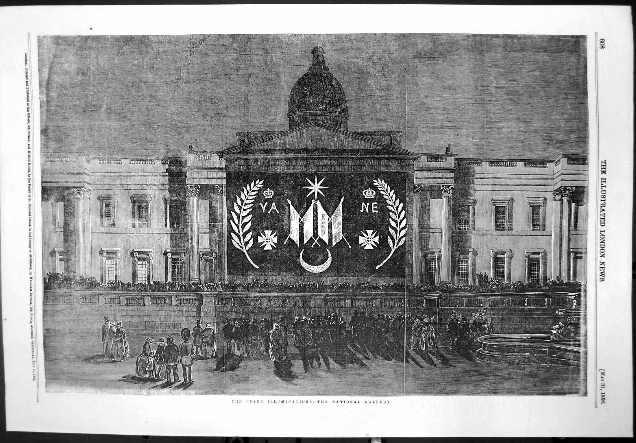 Antique Old Print Peace Illuminations National Gallery Crowds Gathered 1856