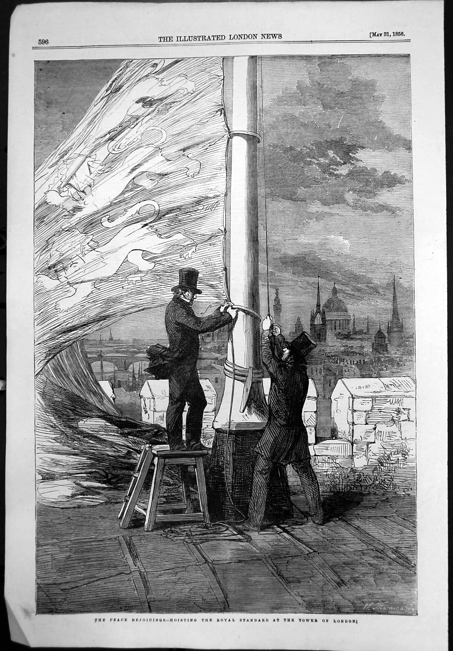 Antique Old Print Peace Rejoicings Hoisting Royal Standard Tower London 1856