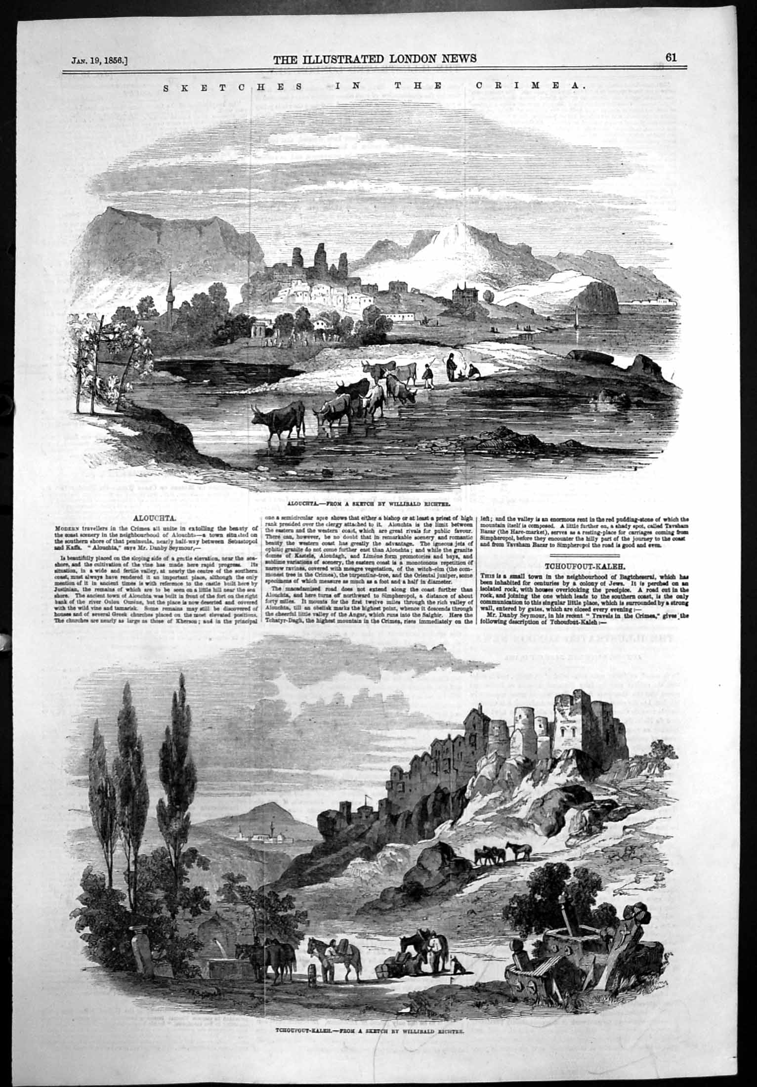 Antique Old Print Sketches Crimea Alouchta Cattle Water Tchoufout-Kaleh1856