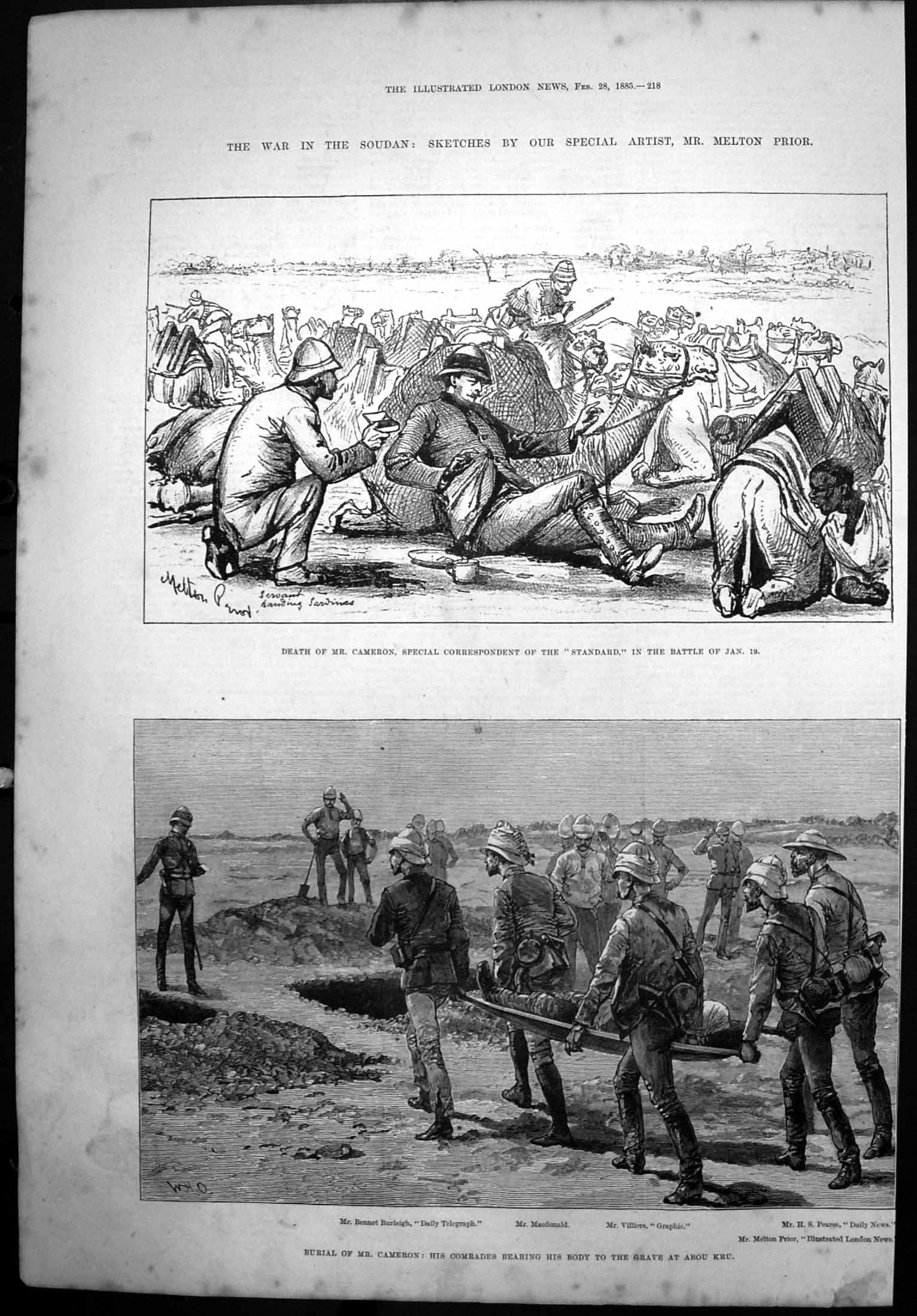 Antique Old Print Death Burial Mr Cameron Crrespondent Standard Soudan 1885