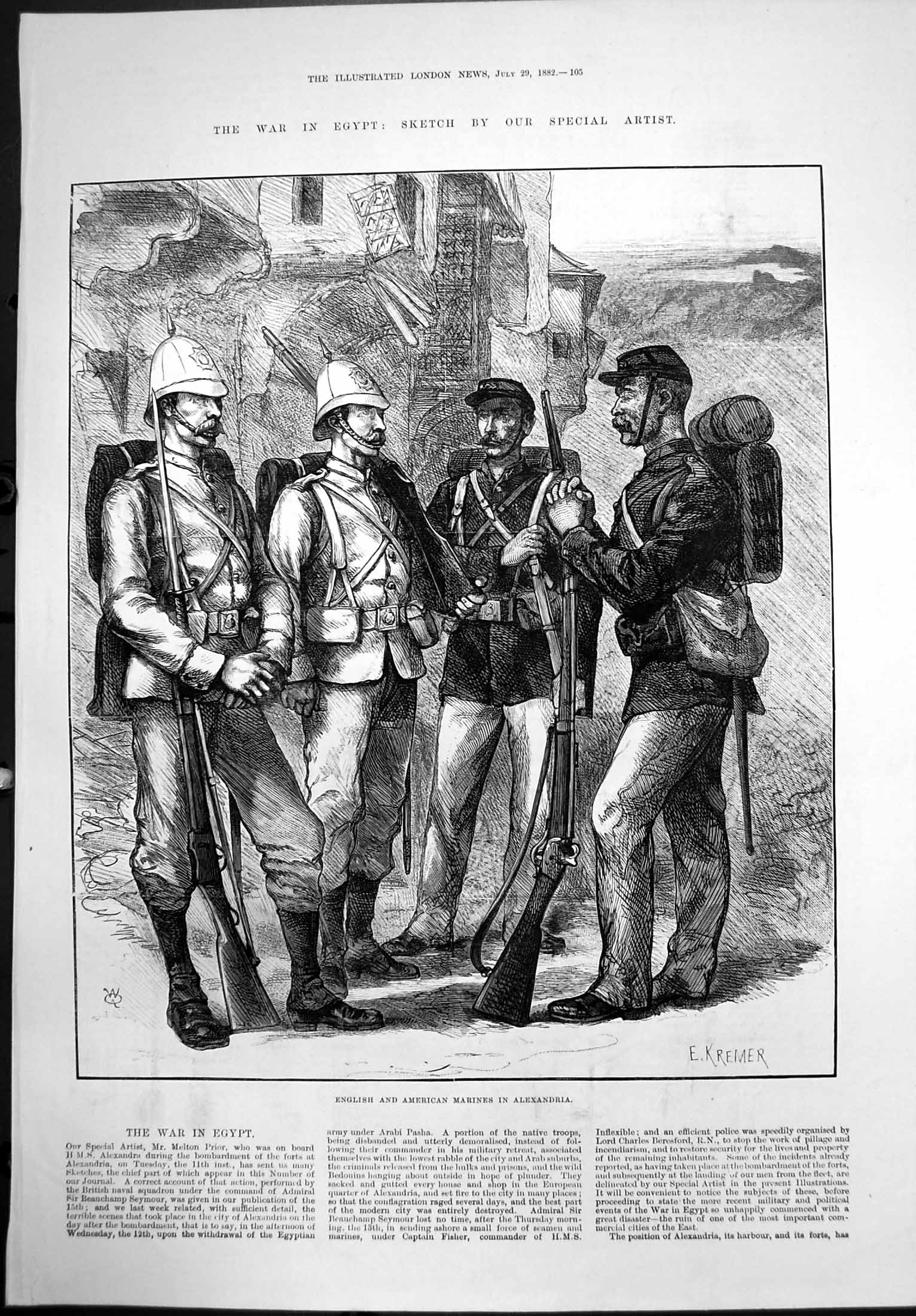 Original Old Antique Print War Egypt English American Marines Alexandria 1882