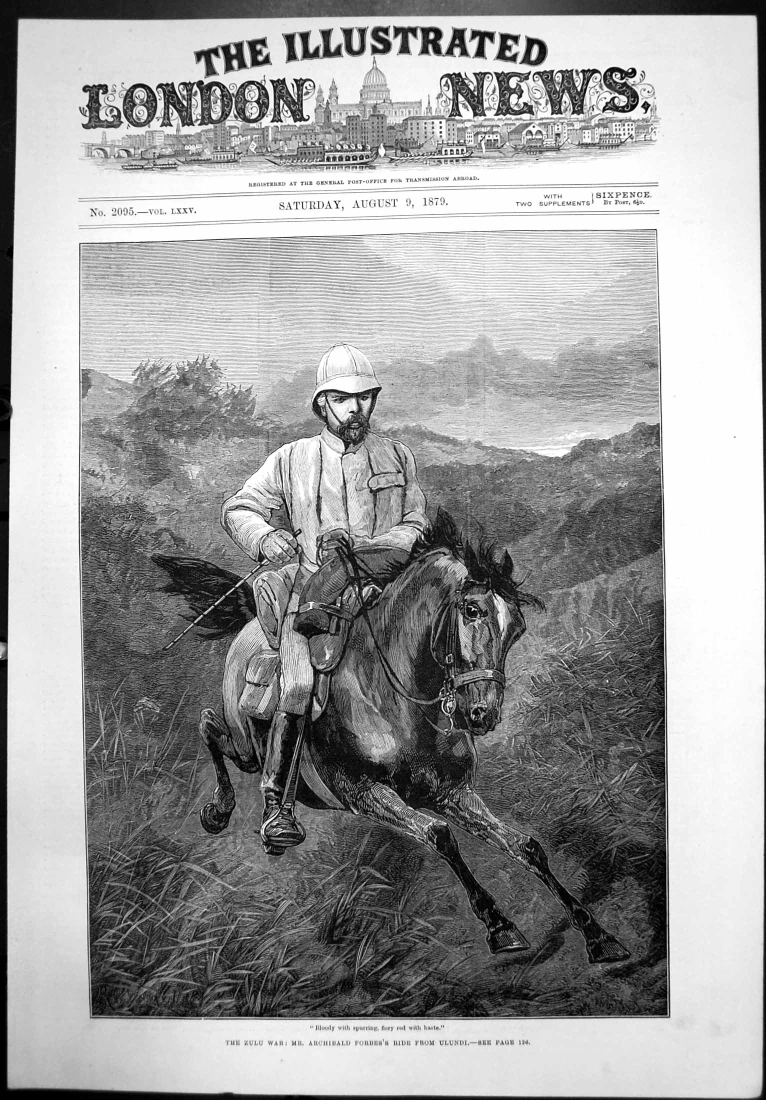 Original Old Antique Print Zulu War Mr Archibald Forbes Ride From Ulundi 1879