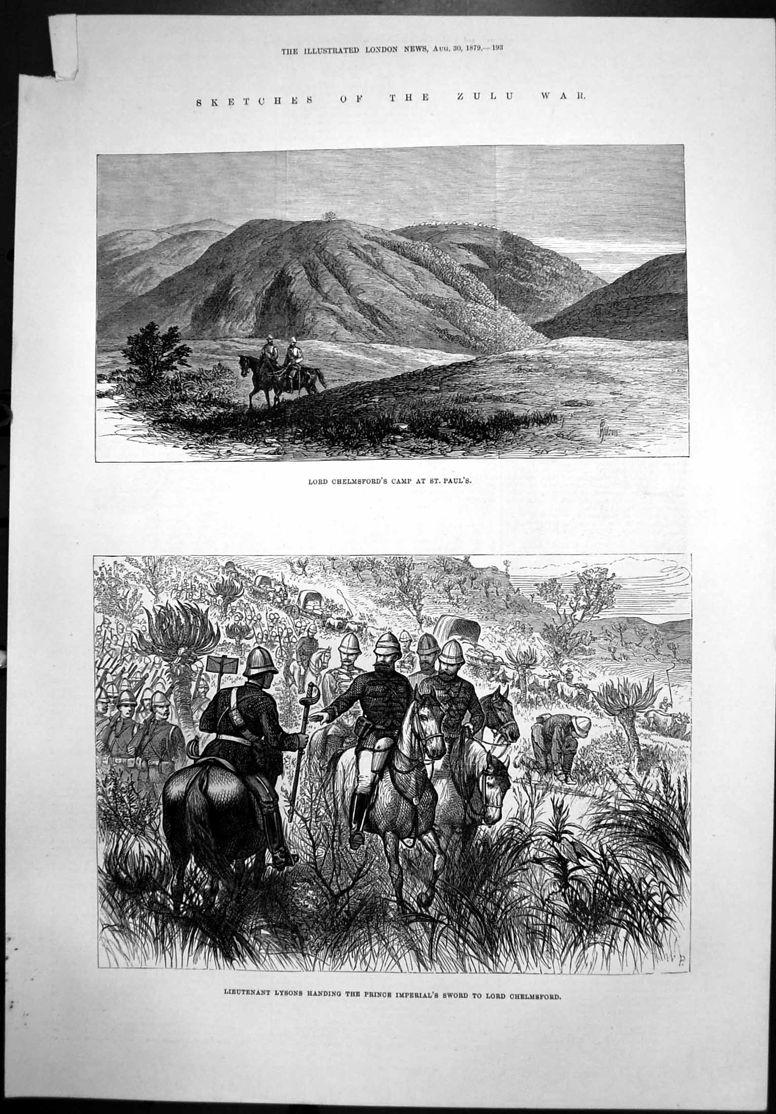 Antique Print Lt Lysons Handing Prince Imperials Sword Lord Chelmsford 1879